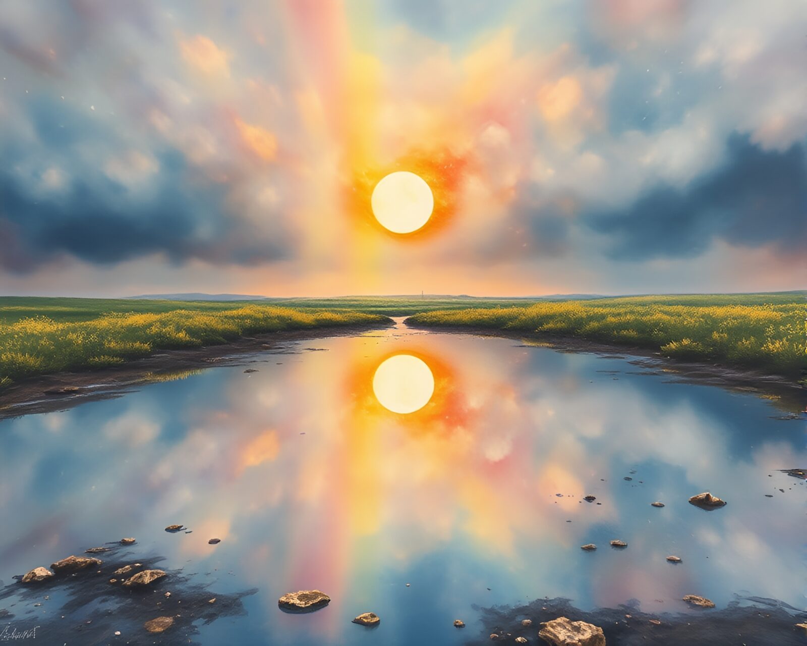 Colorful satellite reflected in water puddle with cosmic hues