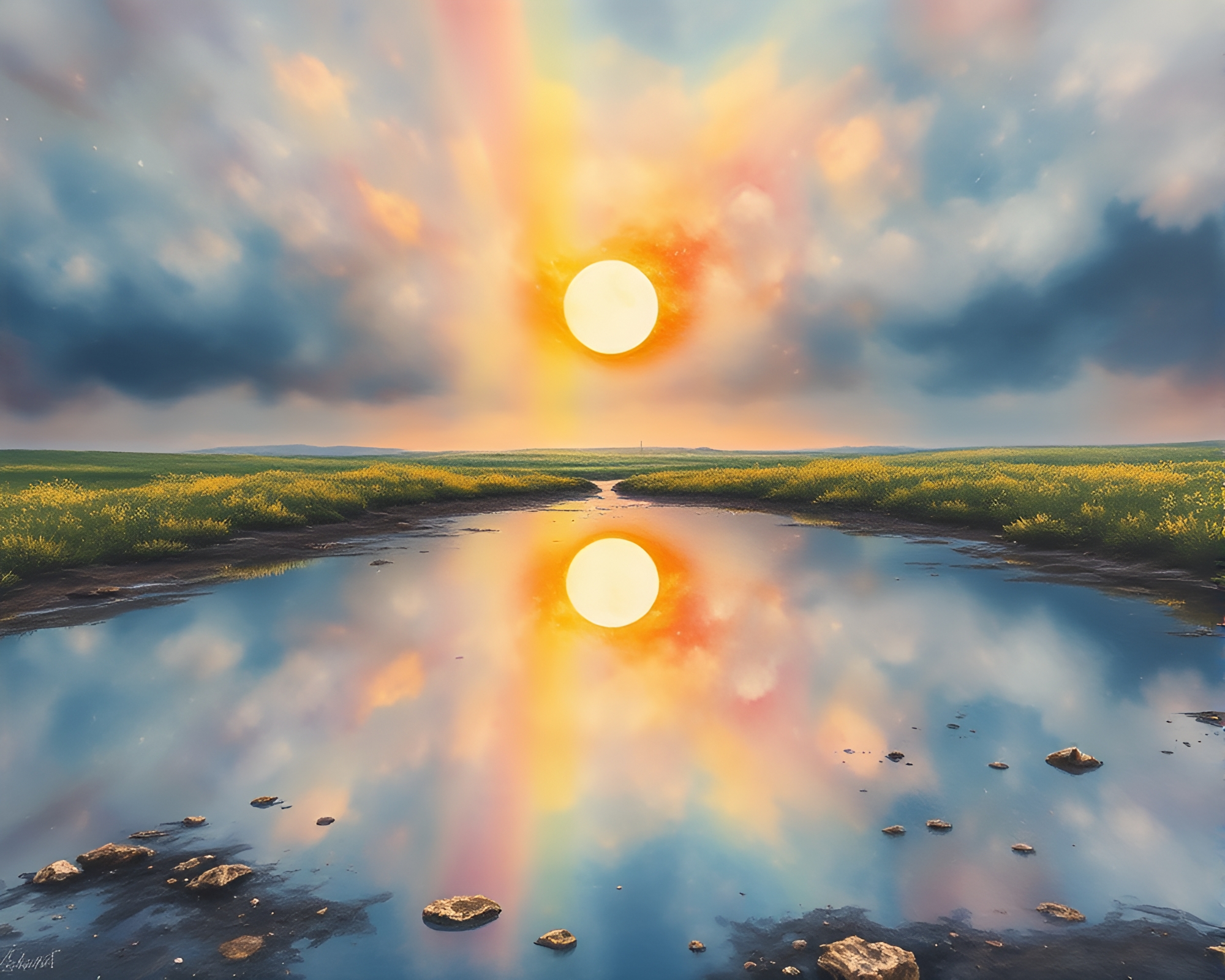 Satellite Reflection in Puddle: Cosmic Rainbow Reverie – free AI stock image