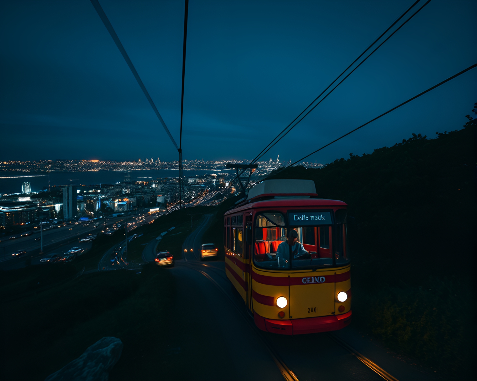 Surreal Cable Car Ascending at Blue Hour – free AI stock image