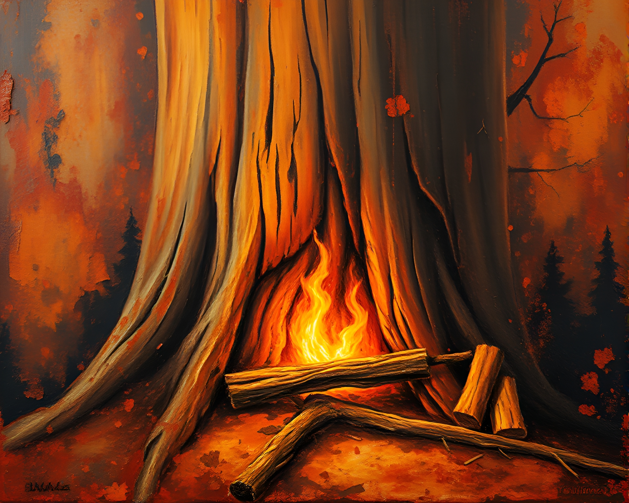 Rustic Redwood Tree by Fireplace Light – free AI stock image
