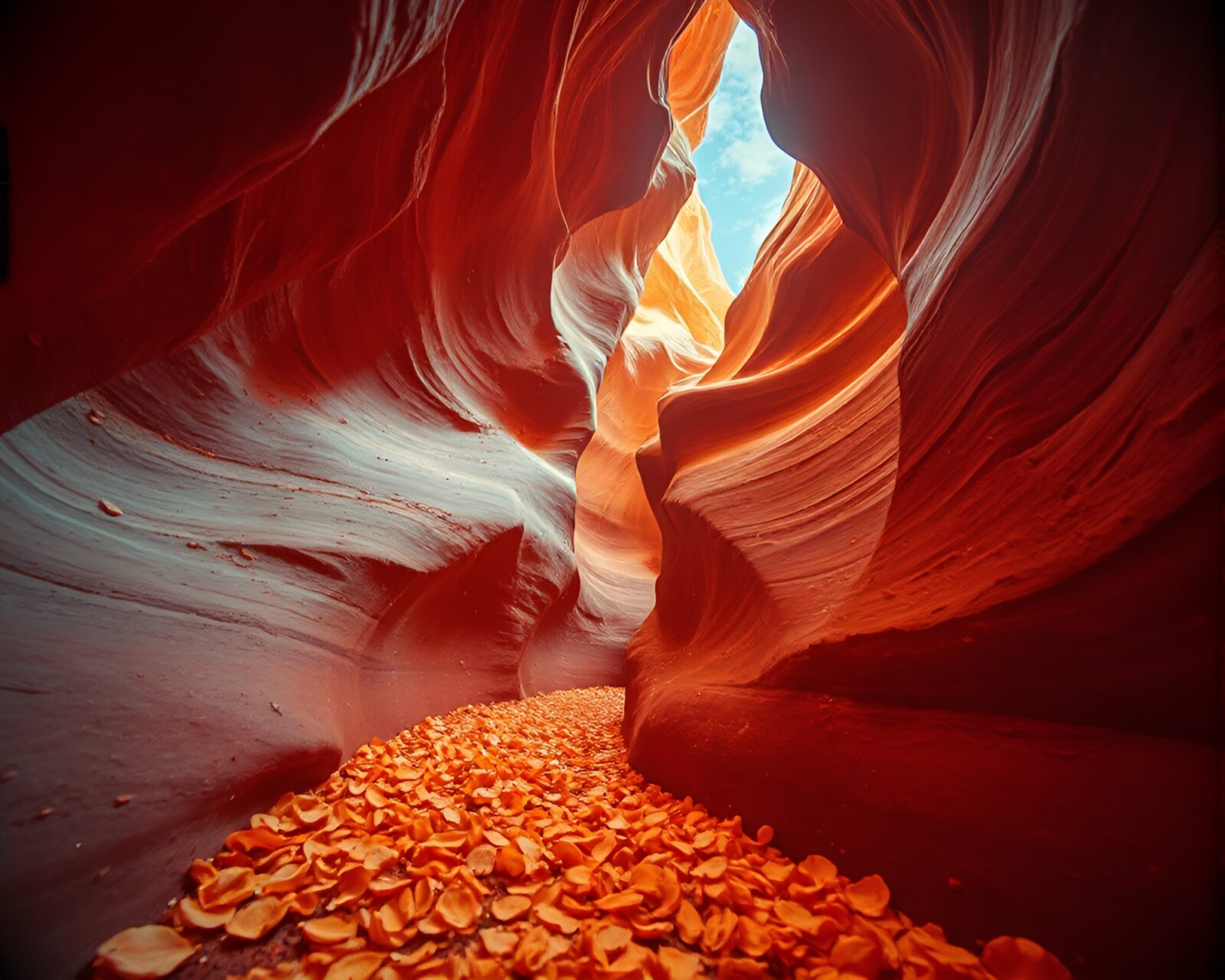 A surreal scene of bright flower petals in a rust-toned canyon under infrared photography