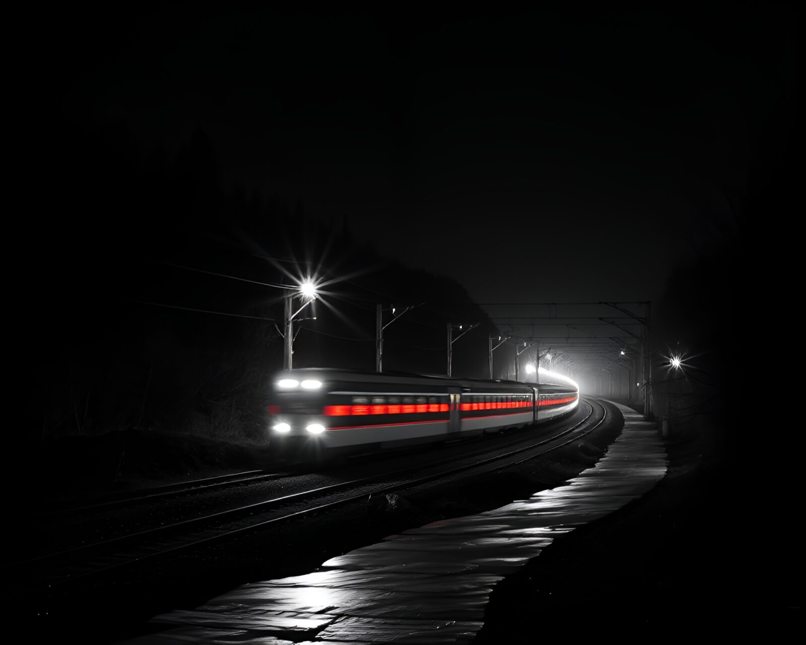 High-contrast image of a train speeding along a dark river