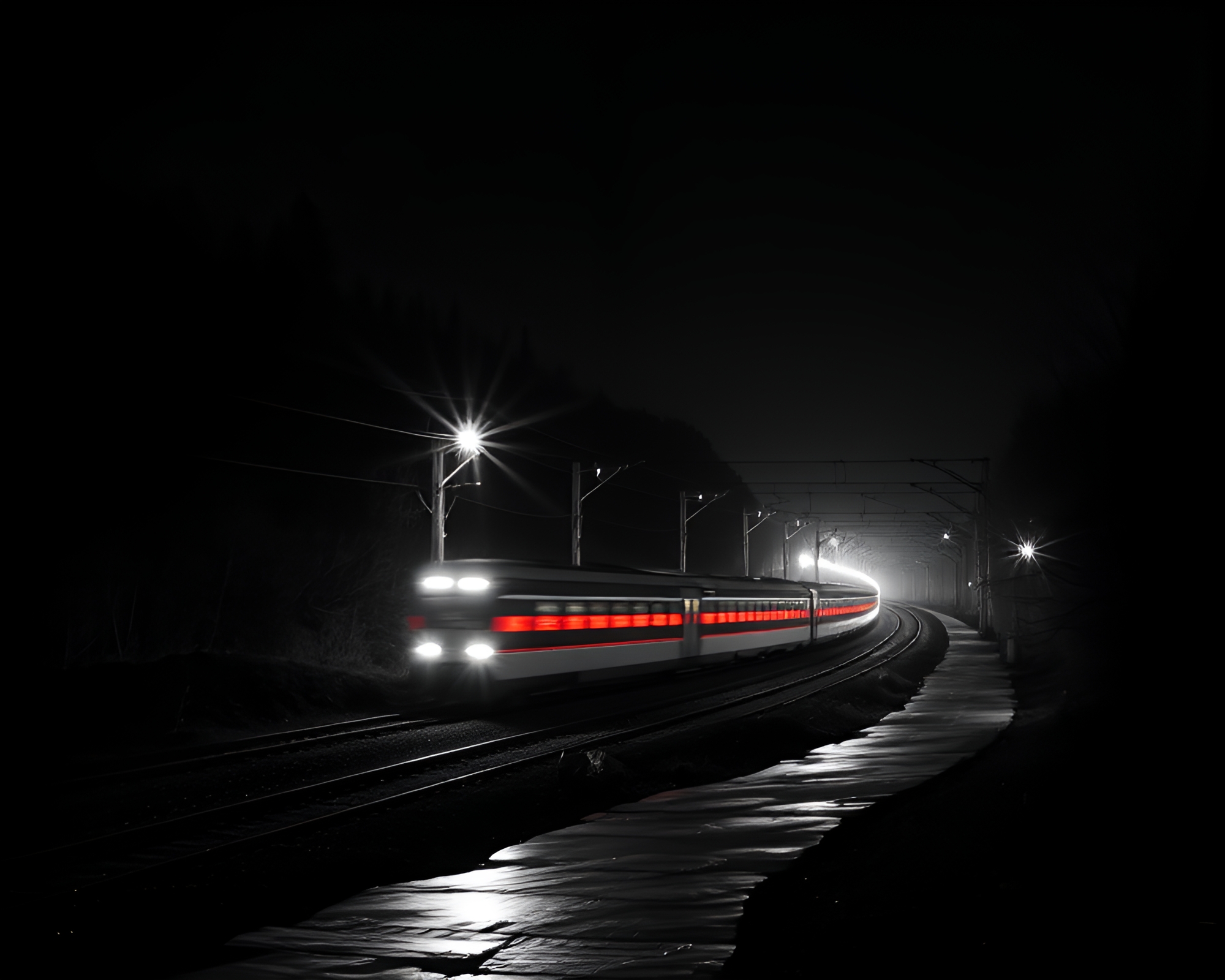 Savage River Noir: Midnight Train Light Trails – free AI stock image