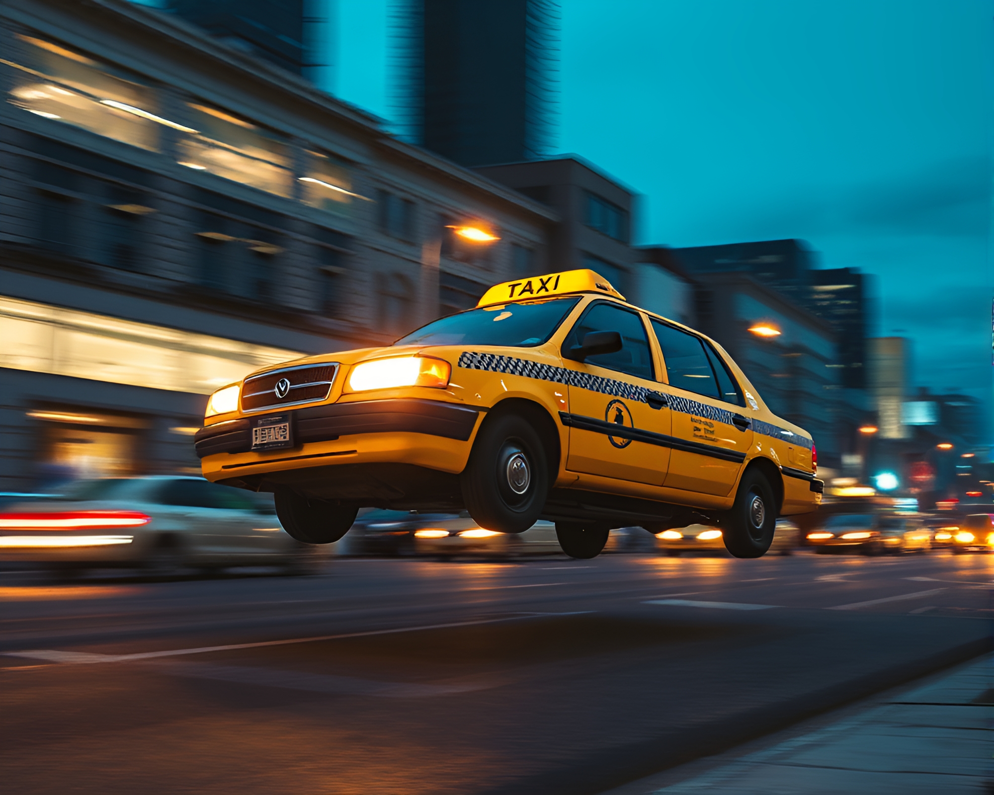 Futuristic Hover Taxi at Dusk in Tilted Perspective – free AI stock image