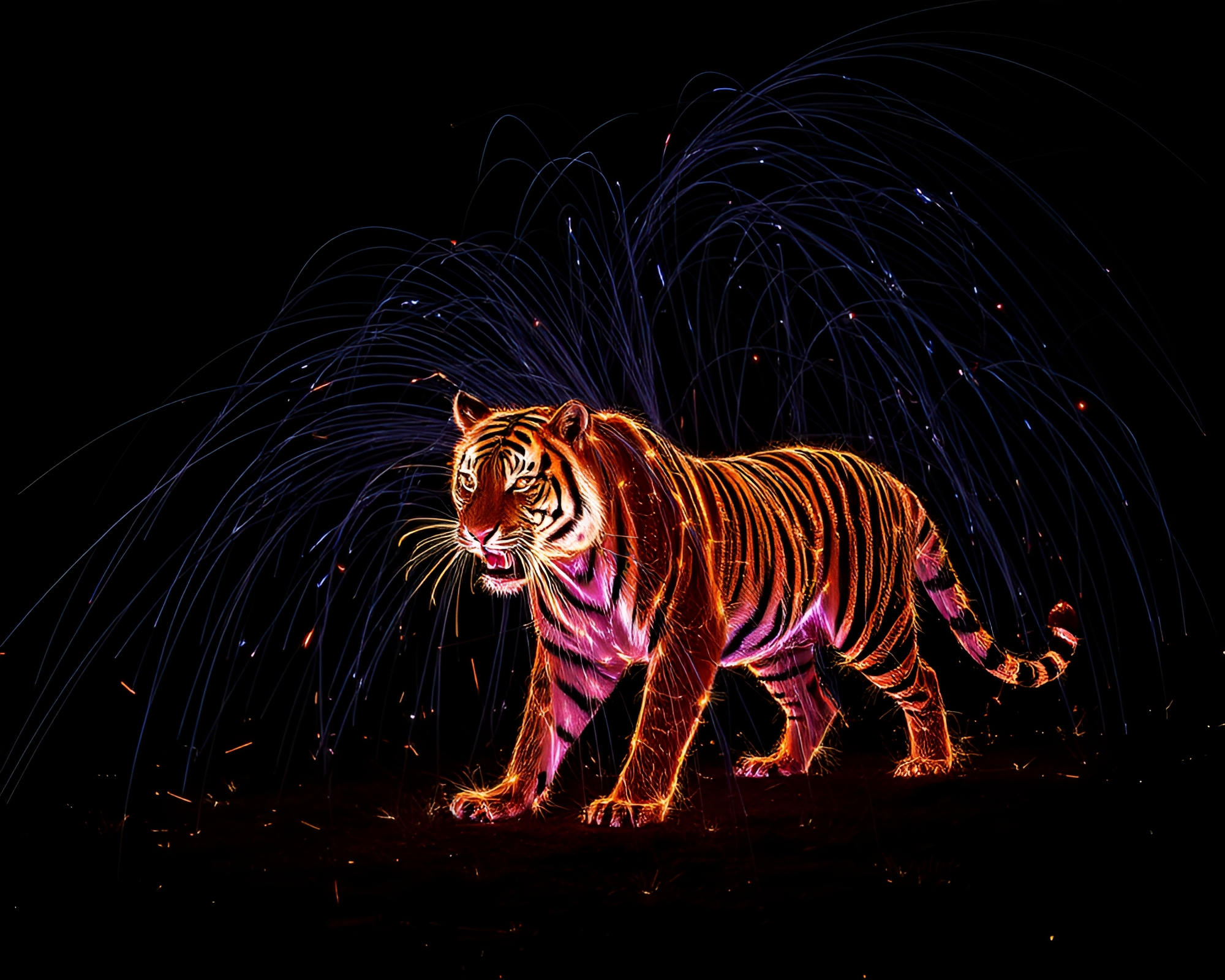 Mystical Tiger Illuminated by Sparkler Trails – free AI stock image