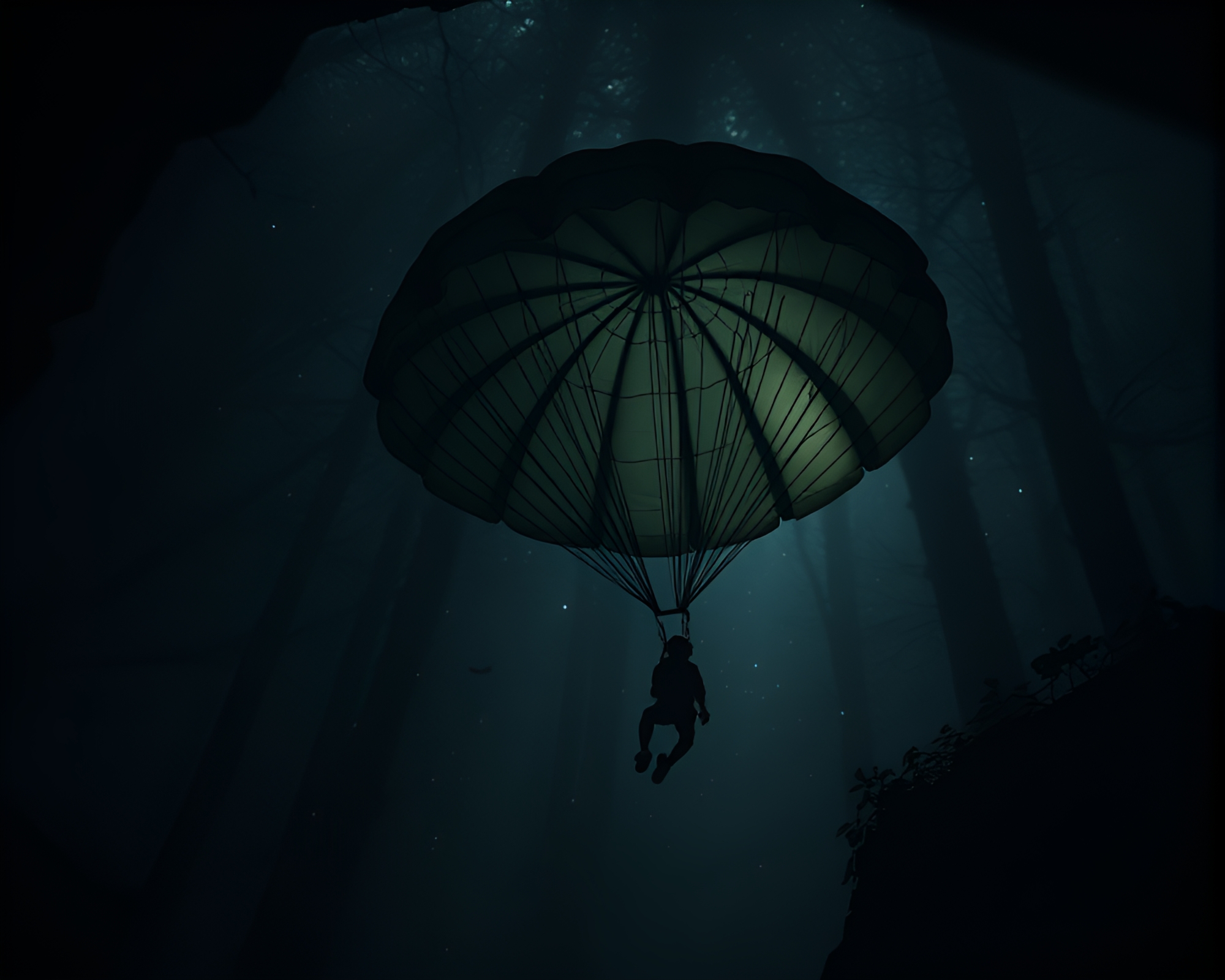 Falling through shadows: leafy parachute jumper in basement – free AI stock image
