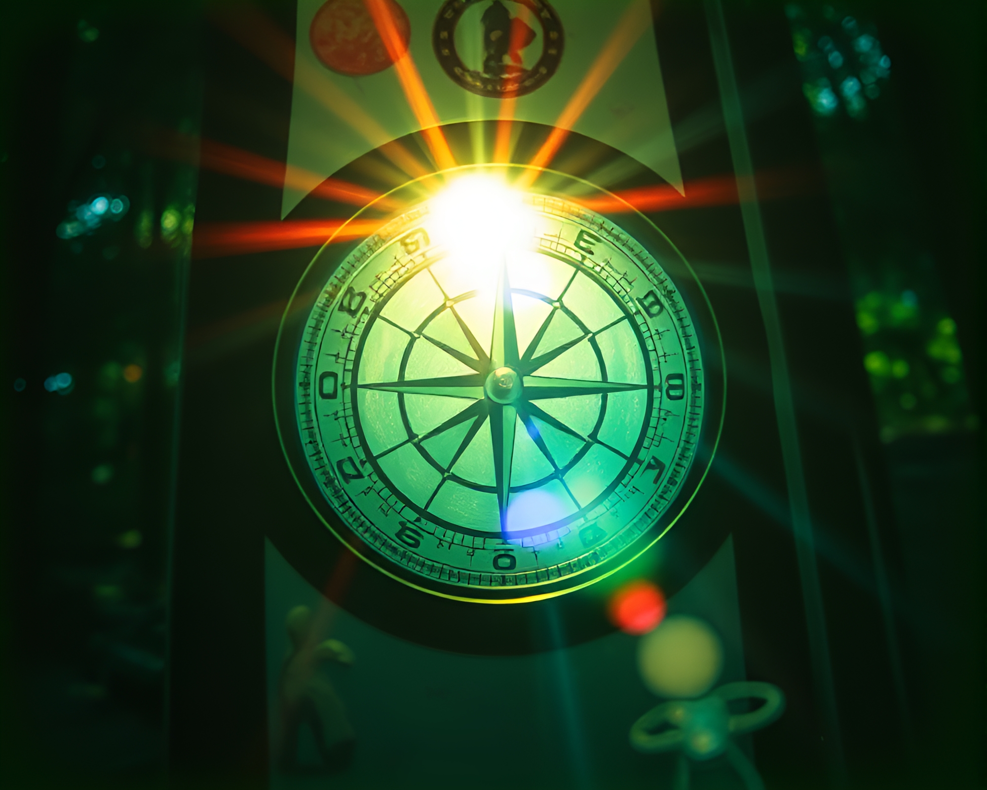 Enchanted Forest Pocket Sundial with Light Leaks – free AI stock image