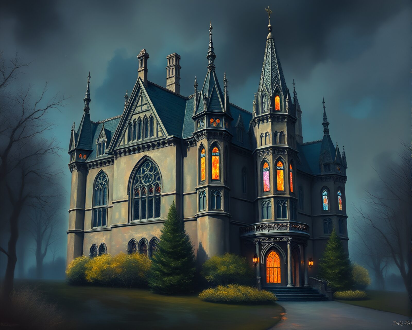 Medium shot of a mystical mansion glowing with iridescence