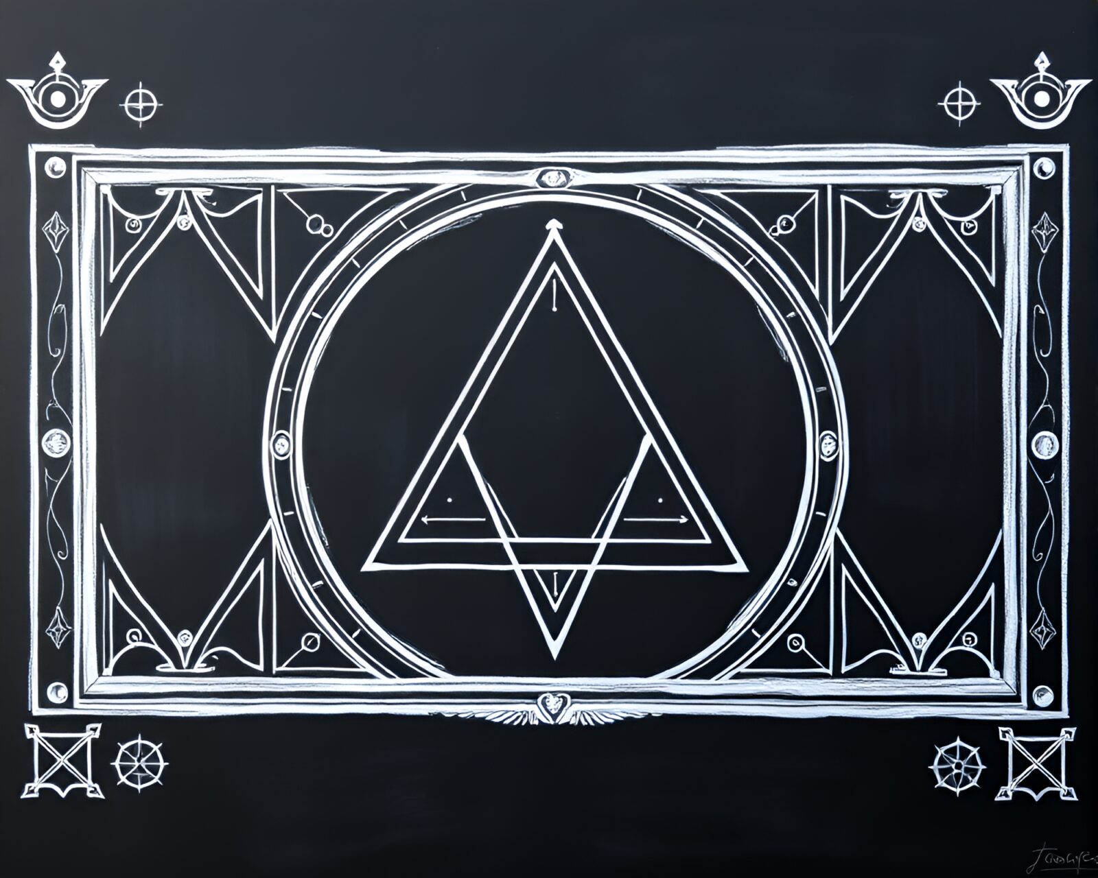 Intricate esoteric symbol framed within a prism refraction on a chalkboard