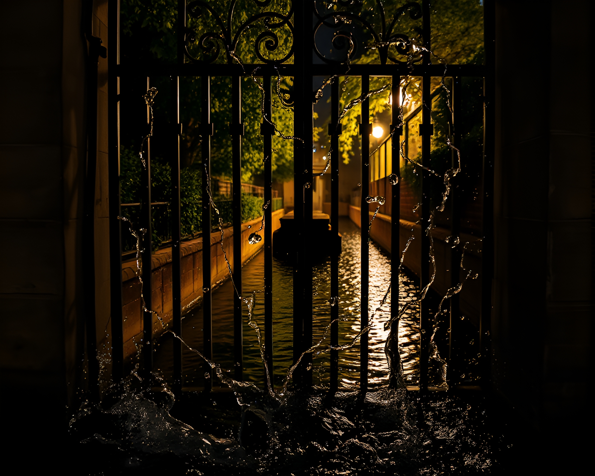 Wrought Iron Gate Distorted by Water with Low-Key Lighting – free AI stock image