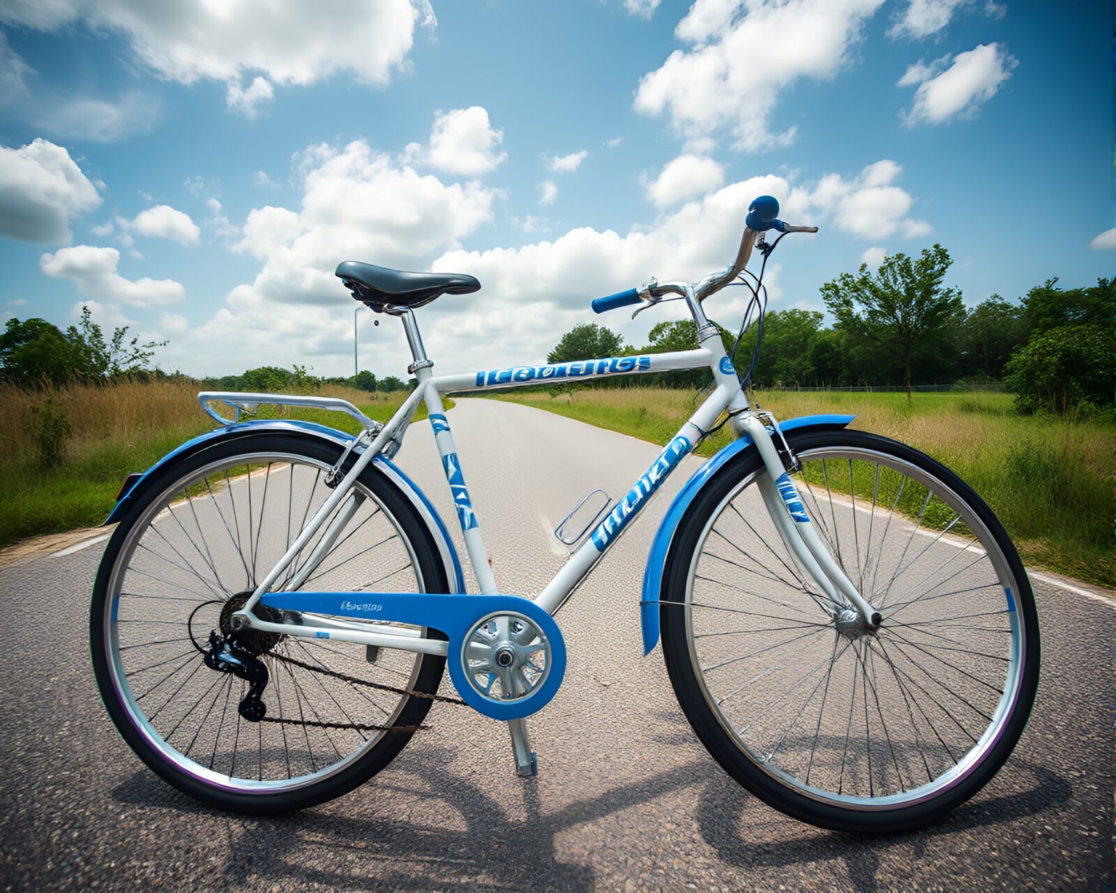 Wide-angle photo of a cobalt blue bicycle stitched pattern