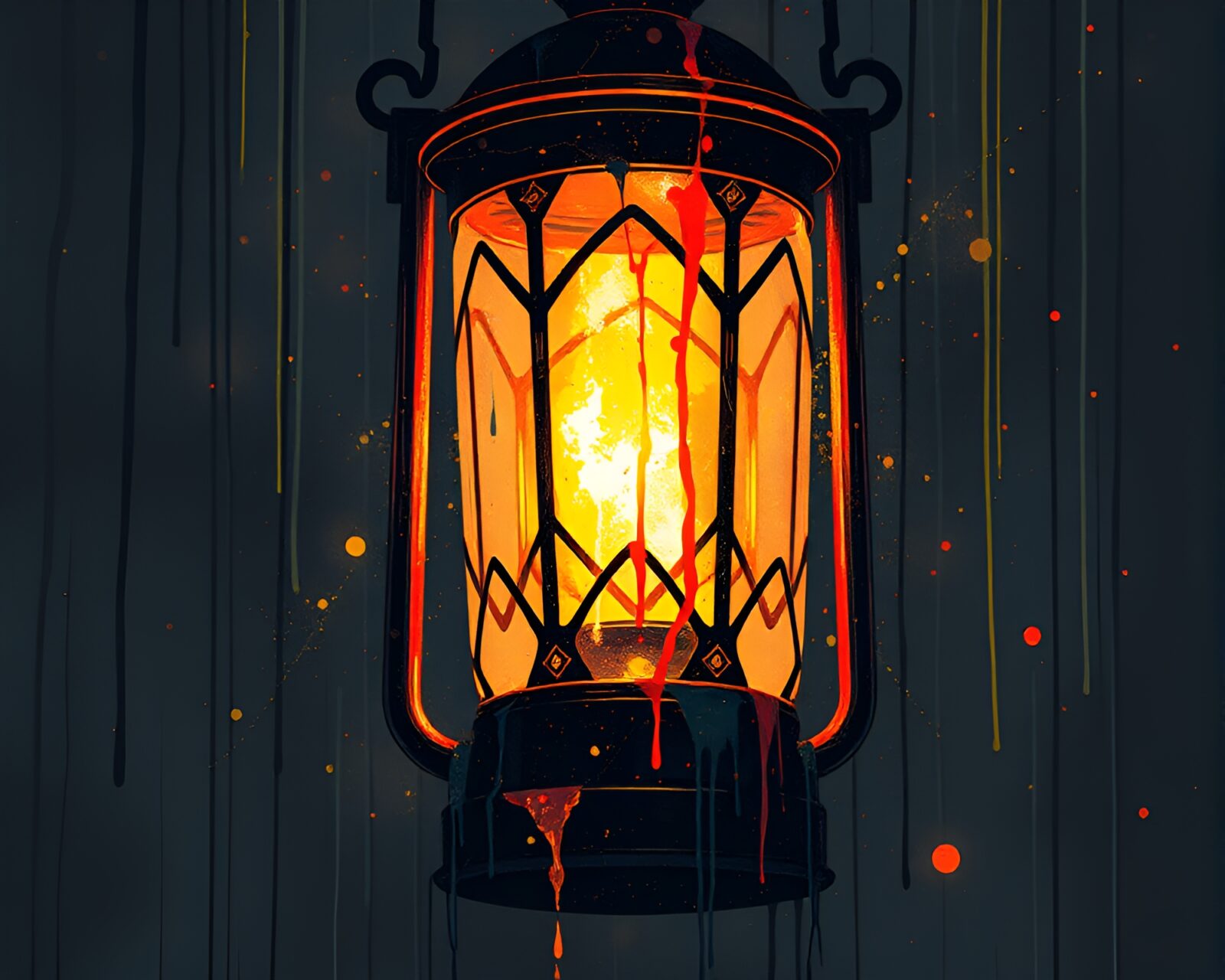 Glowing lantern illuminating armor with colorful paint drips