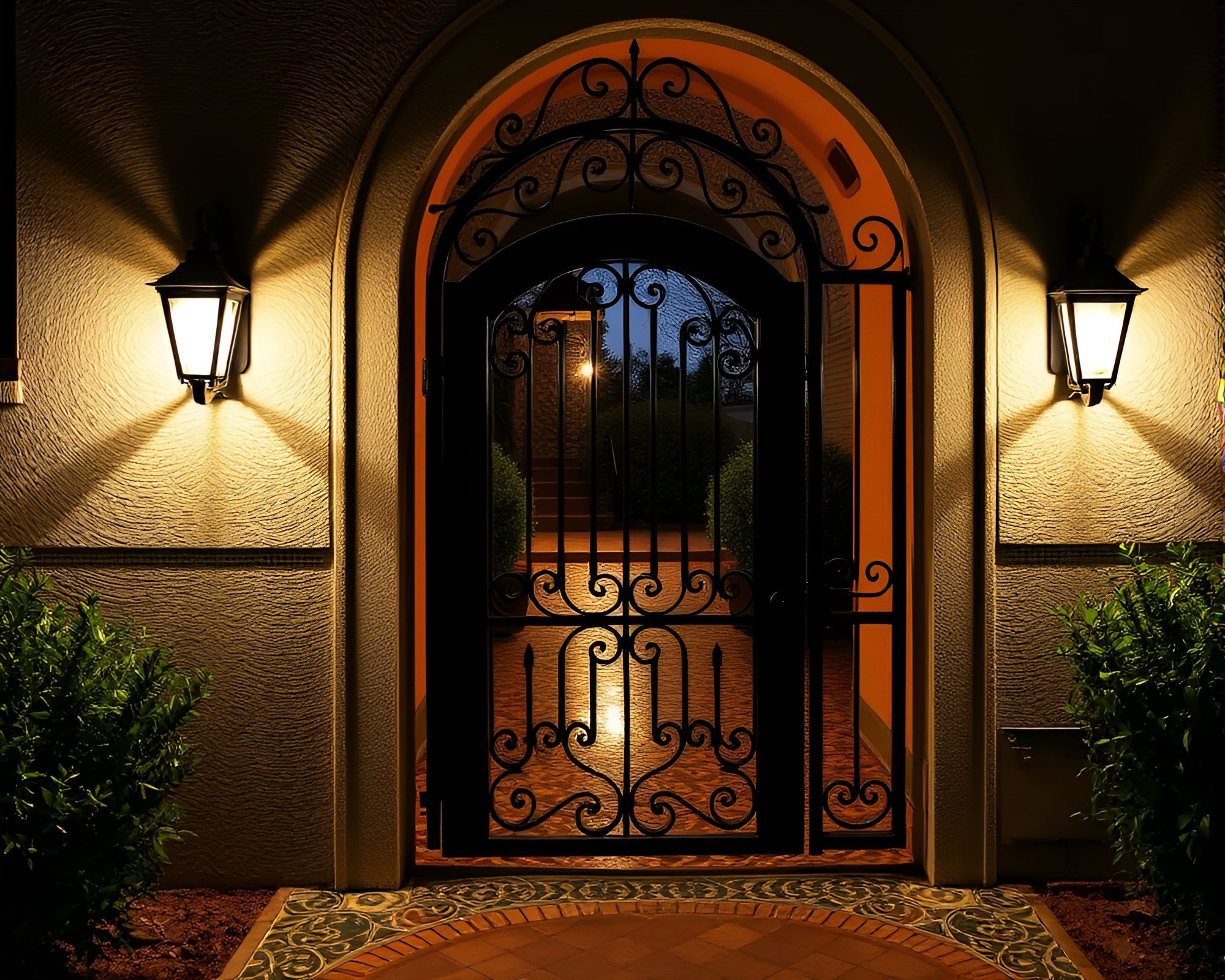 Wrought Iron Gate Mosaic Porchlight Ambiance – free AI stock image