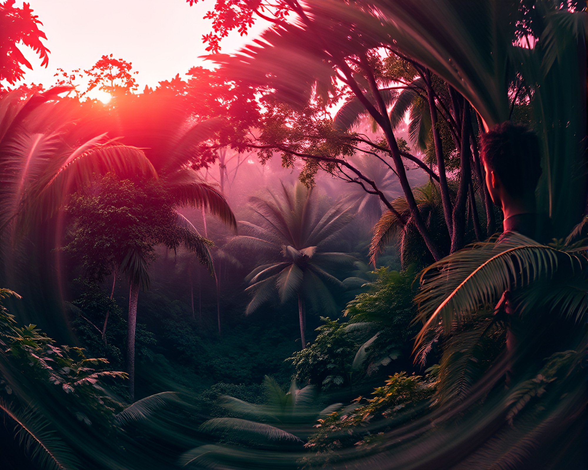 Swirling Lens Sunrise in Rainforest Canopy Duotone – free AI stock image