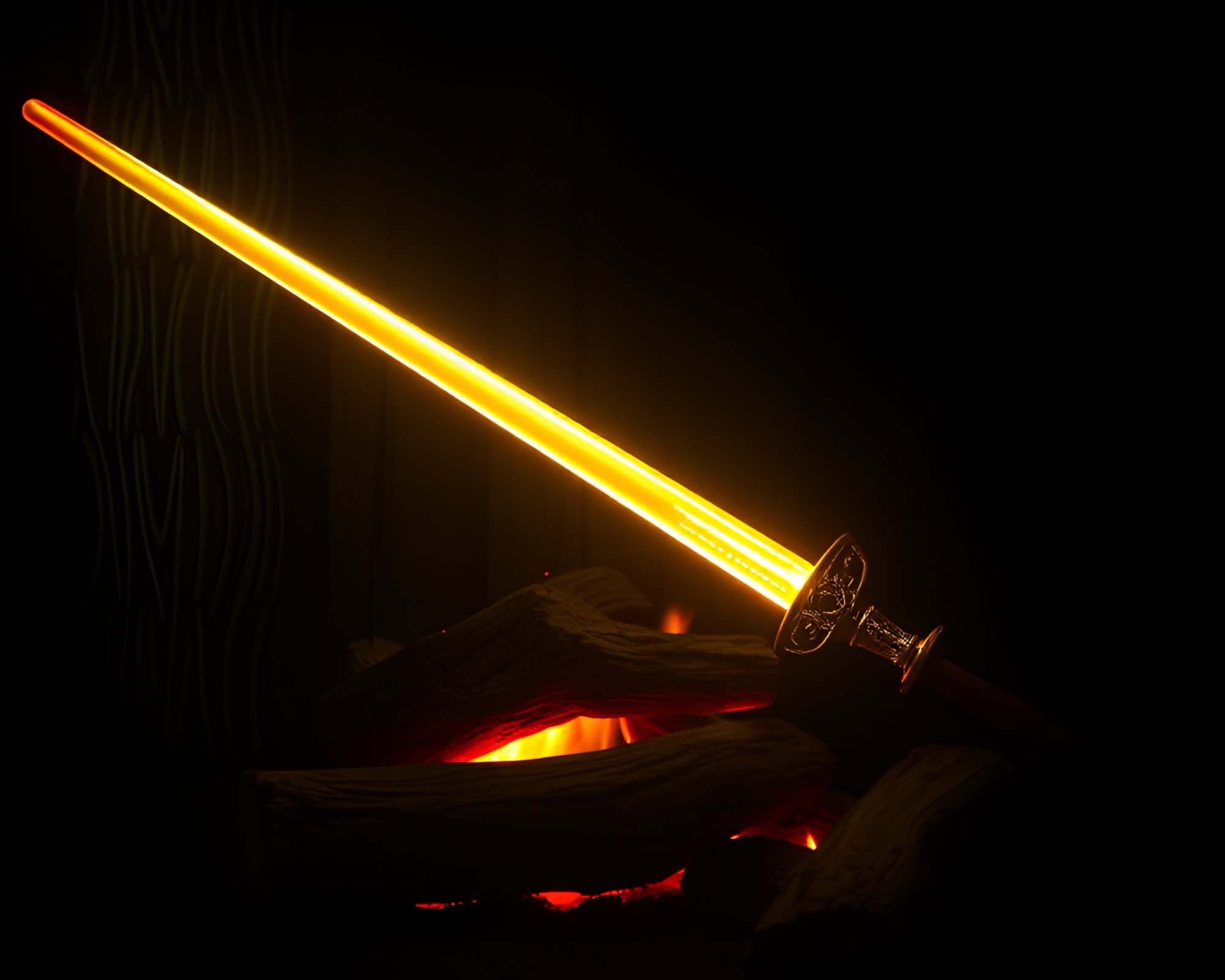 Holographic Laser Sword in Wood Grain Fireplace – free AI stock image