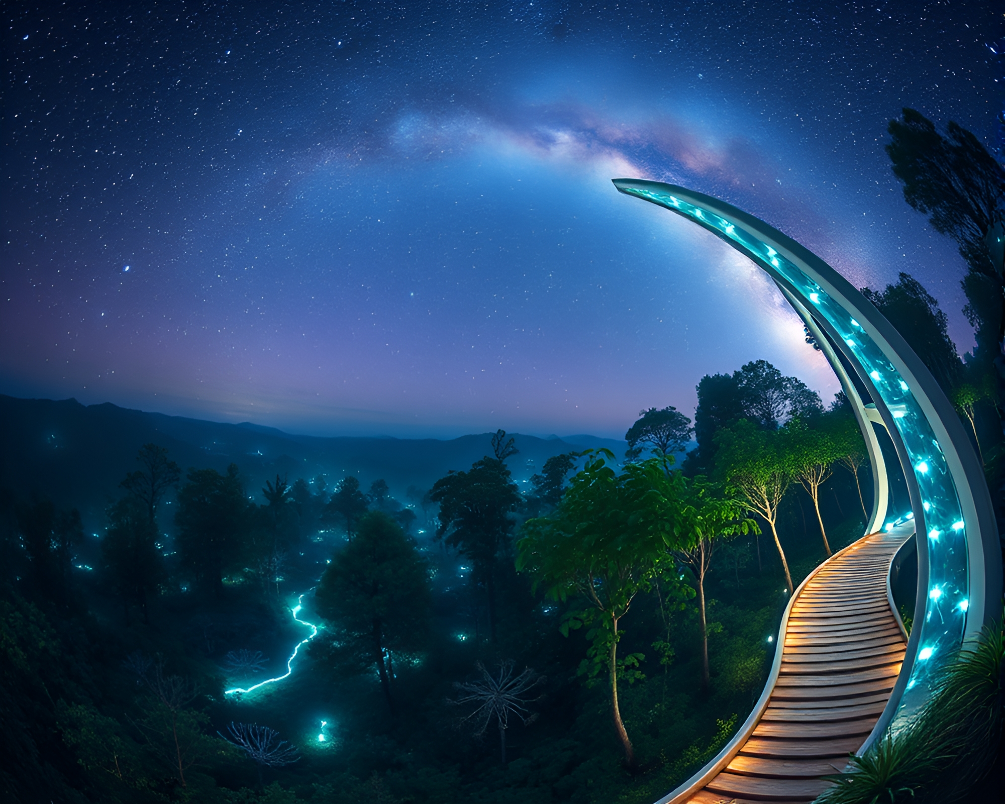 Bioluminescent Forest under Milky Way Swirls – free AI stock image