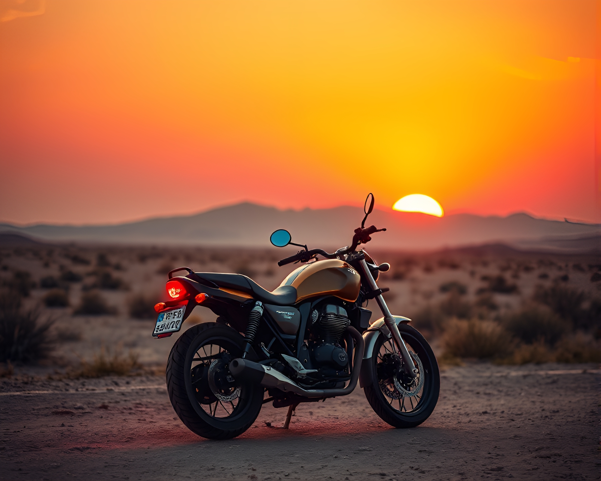 Neon Motorcycle Racing Through Dystopian Desert at Sunset – free AI stock image