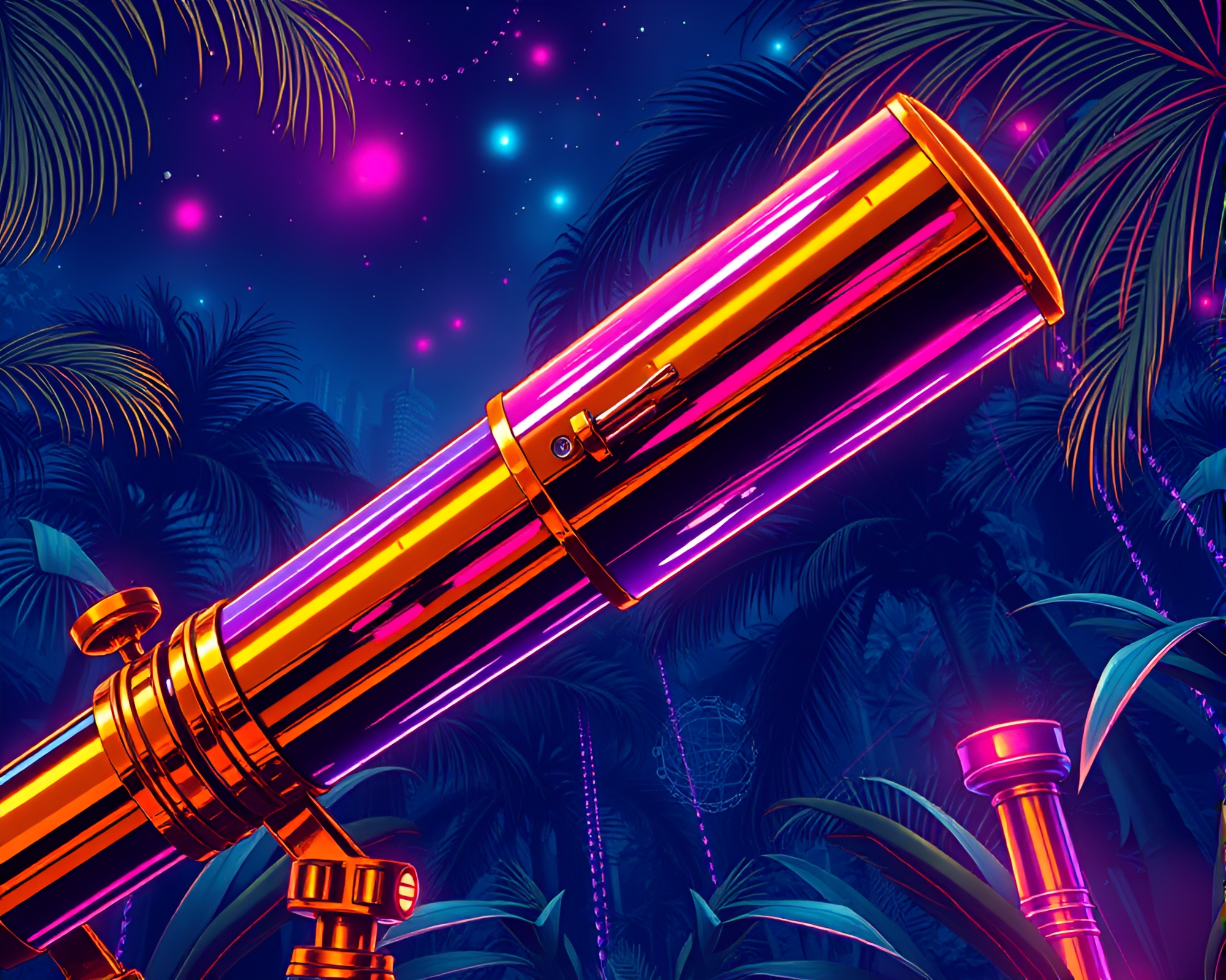 Jungle Canopy Brass Telescope Neon Reflections – free AI stock image