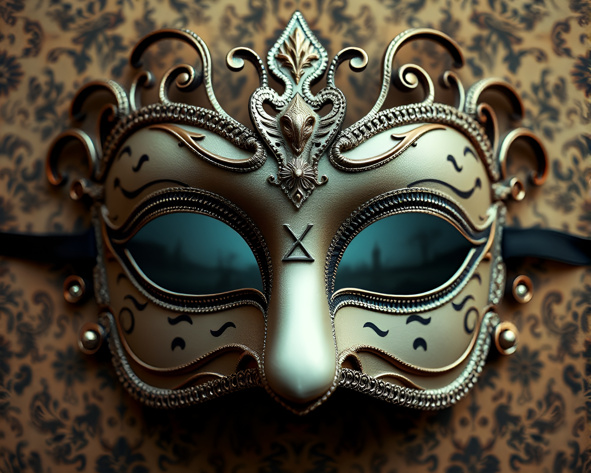 Symmetrical Venetian Mask in Dystopian Vignette – free AI stock image