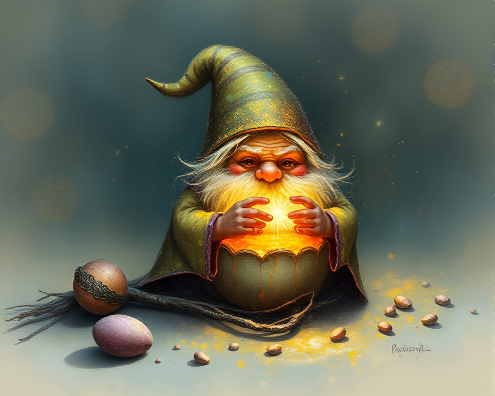 Fanciful dwarf with glittering aura in intricate hatching design