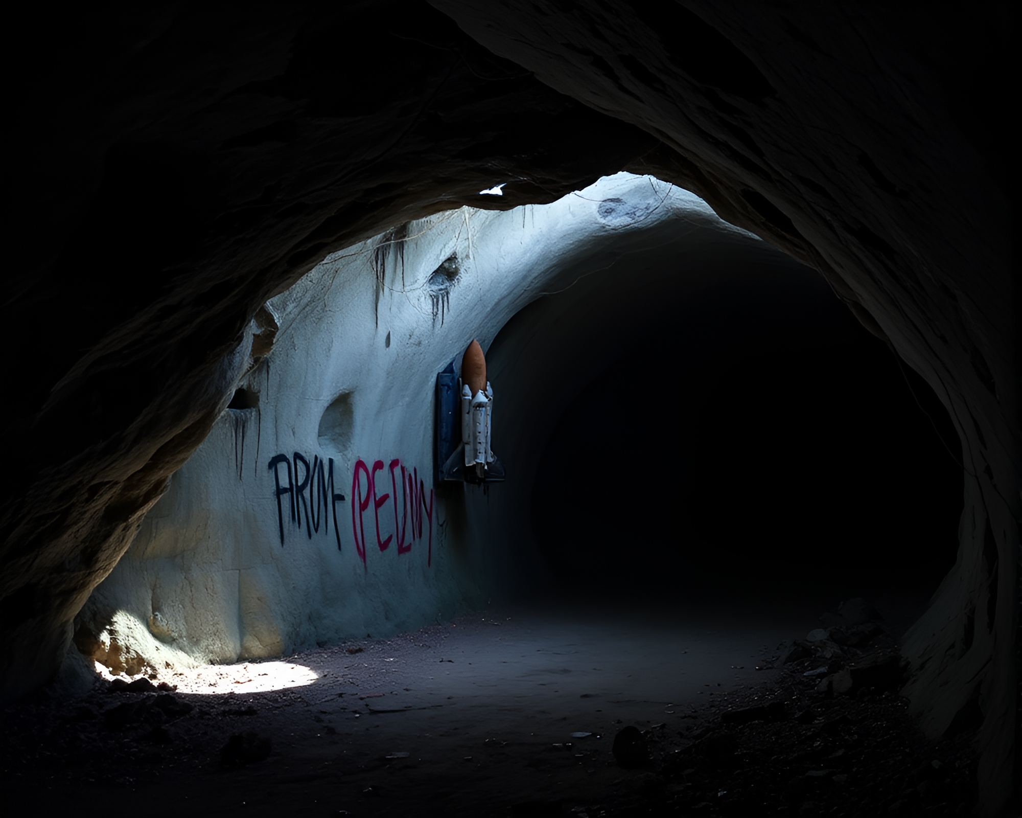 Space Shuttle Exploration Through Graffiti-Covered Cave – free AI stock image
