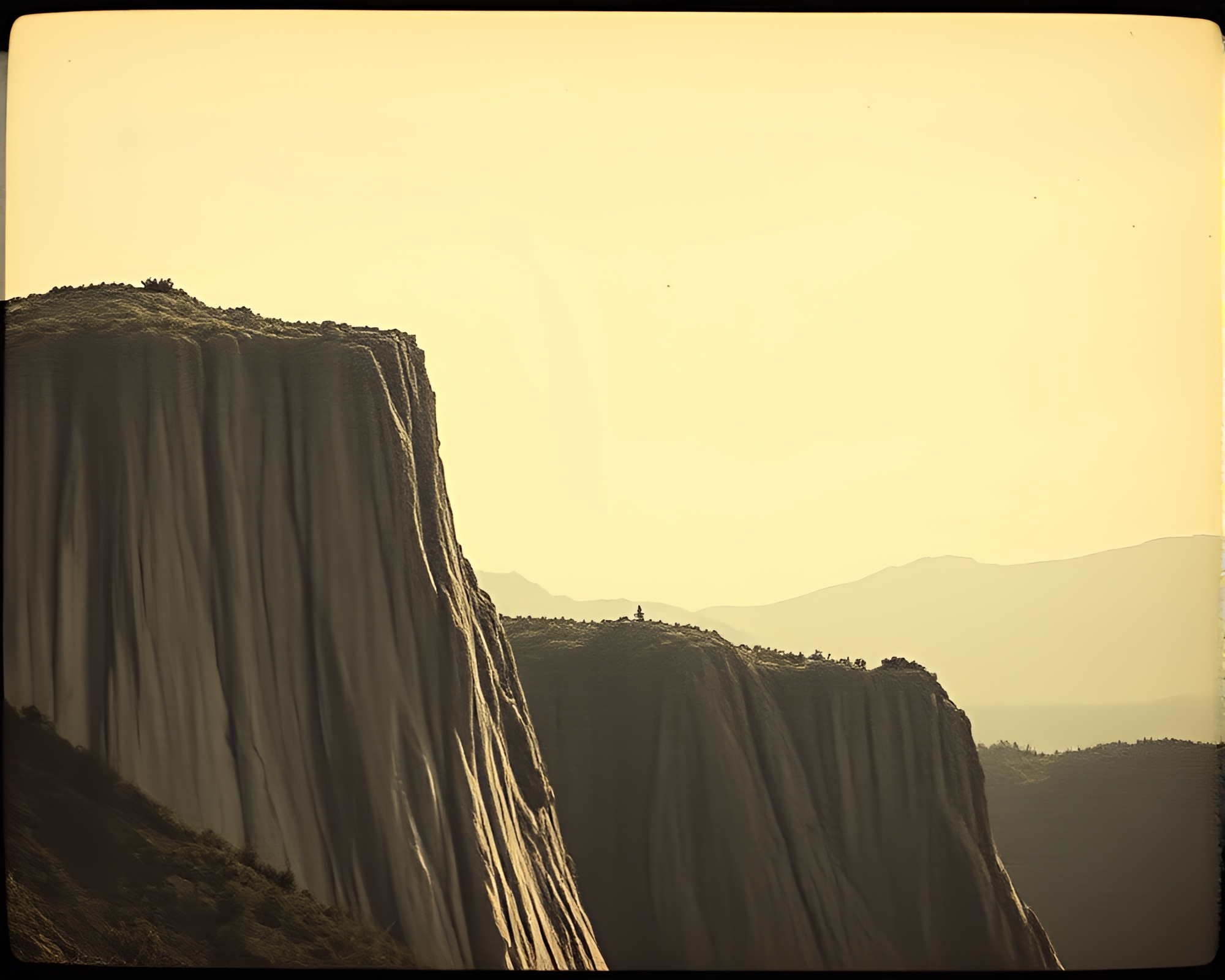 Cliffside Sunset Natural Frame with VHS Distortion – free AI stock image