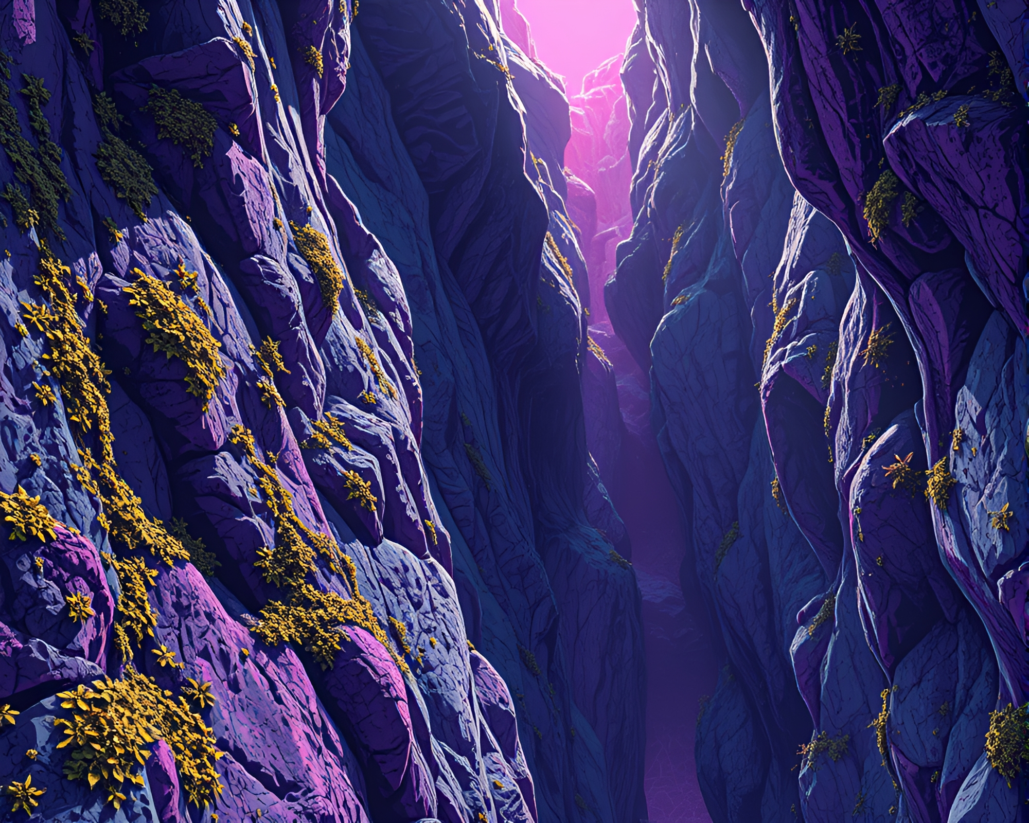 Lichen-Covered Cyberpunk Canyon Glows in Ultraviolet Light – free AI stock image