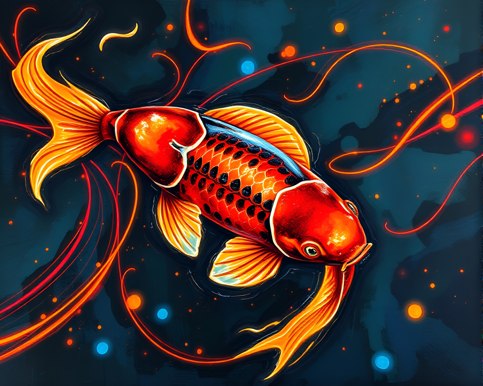 Neon Koi Fish Swimming in Gouache Light Trails – free AI stock image