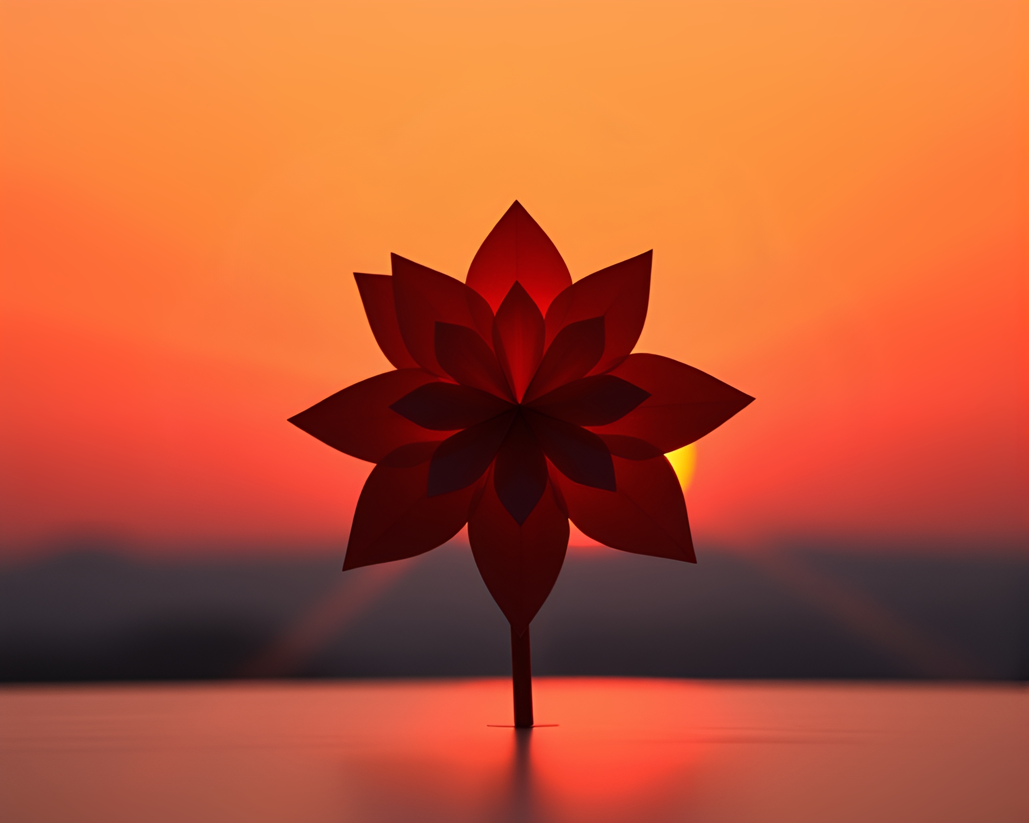 Sunset Origami Flower in Laser Beam Vignette – free AI stock image