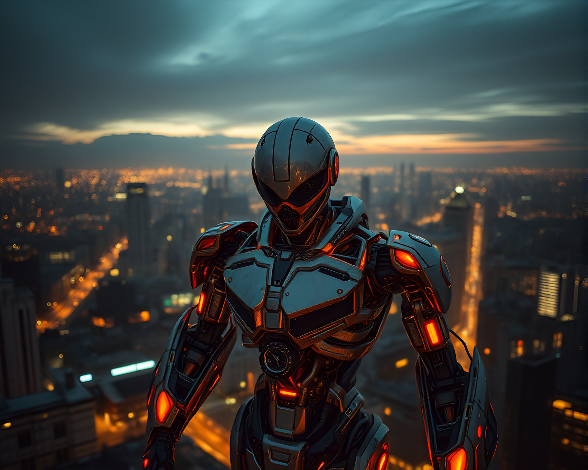 High-Angle Cyborg in Sepia Blue Hour Lights – free AI stock image