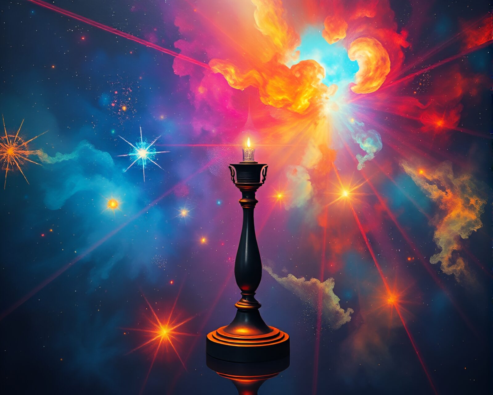 Vibrant mural with laser beam lamp in cosmic colors