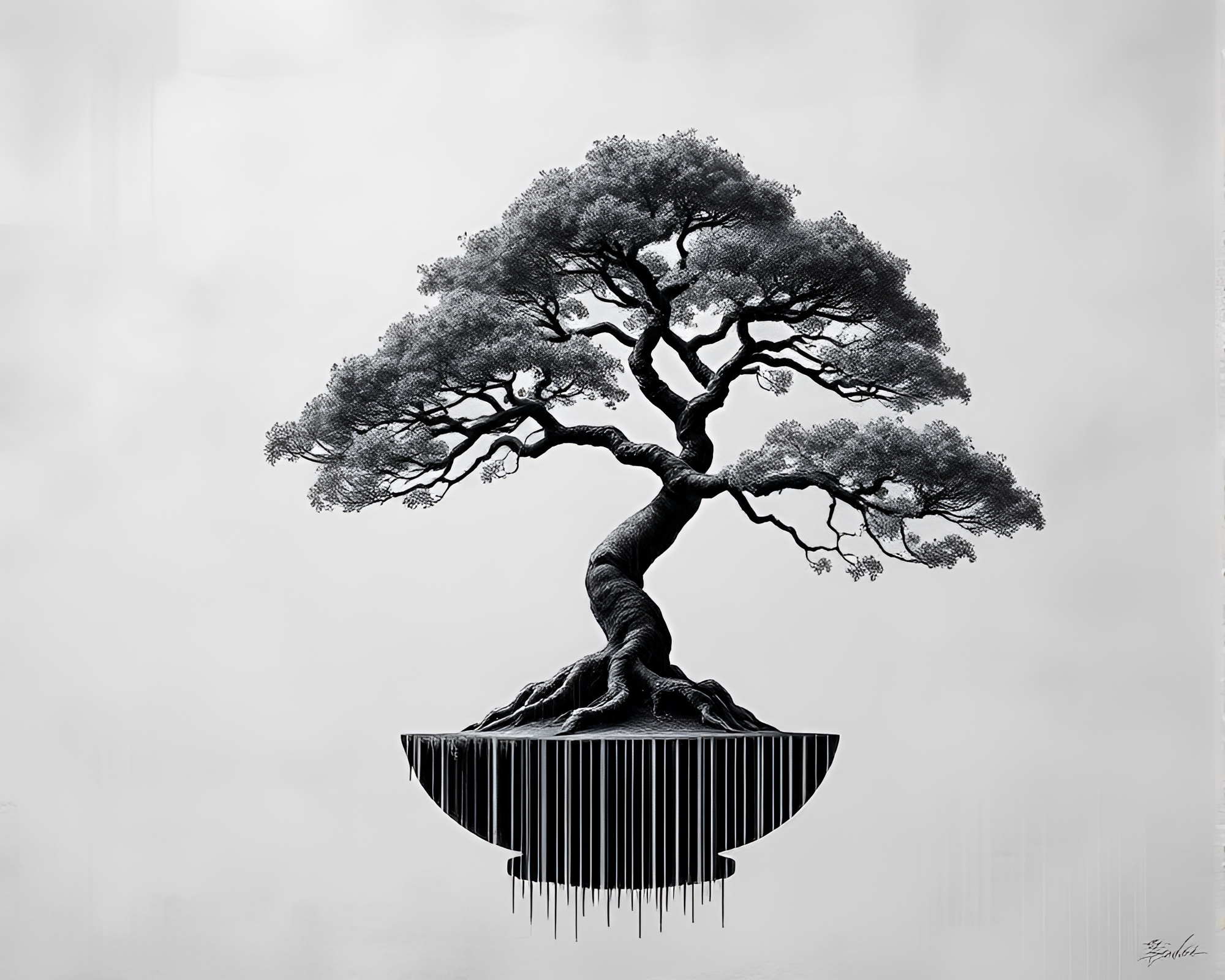 Glitch Art Bonsai Tree in Graphite Gray Mood – free AI stock image