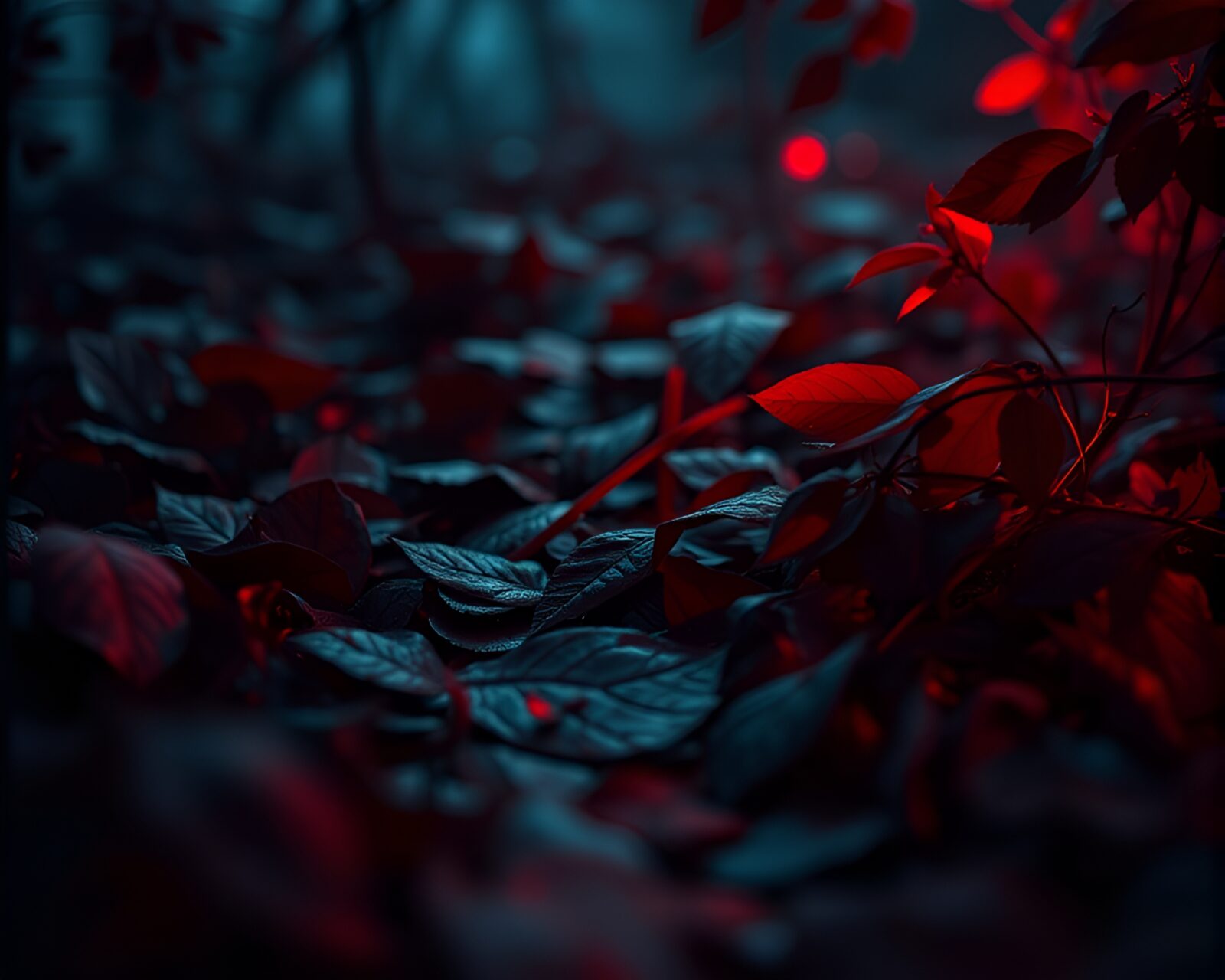 Dark alley with neon sign illuminating colorful leaf litter.