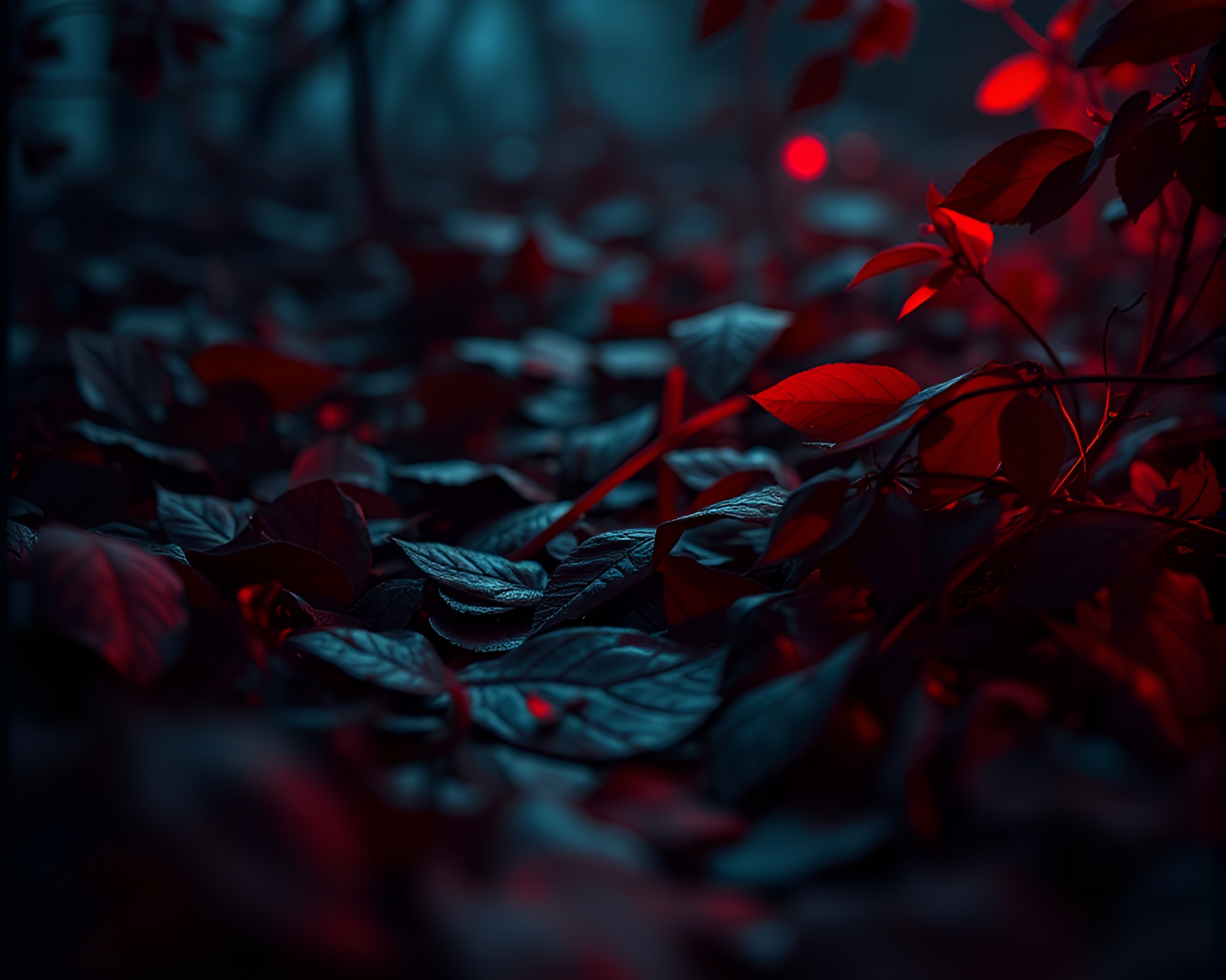 Enigmatic Neon Glow in Leaf-Strewn Alleyway – free AI stock image