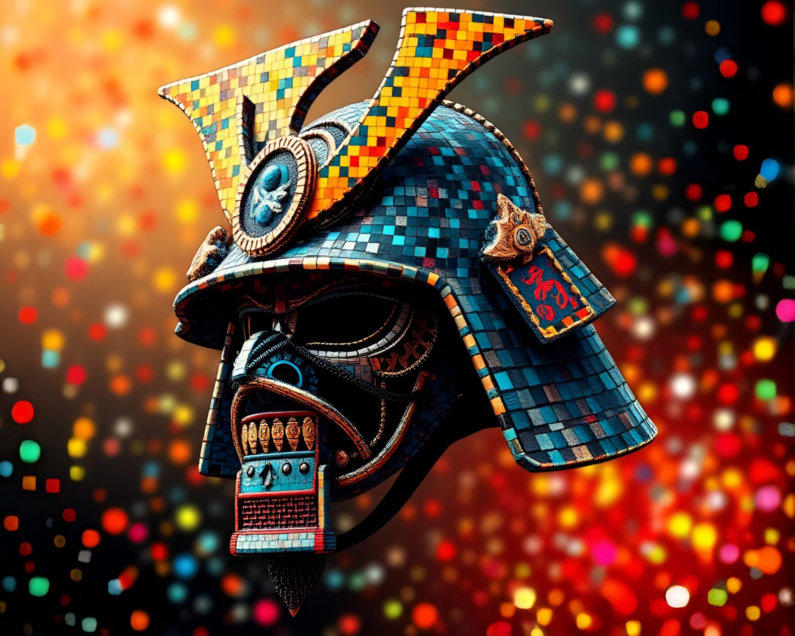 Colorful voxel art samurai helmet in tiled mosaic confetti