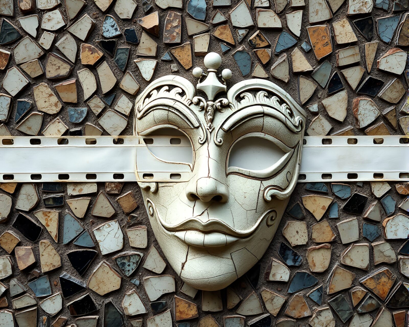 Fragmented mosaic of ivory Venetian mask with film border