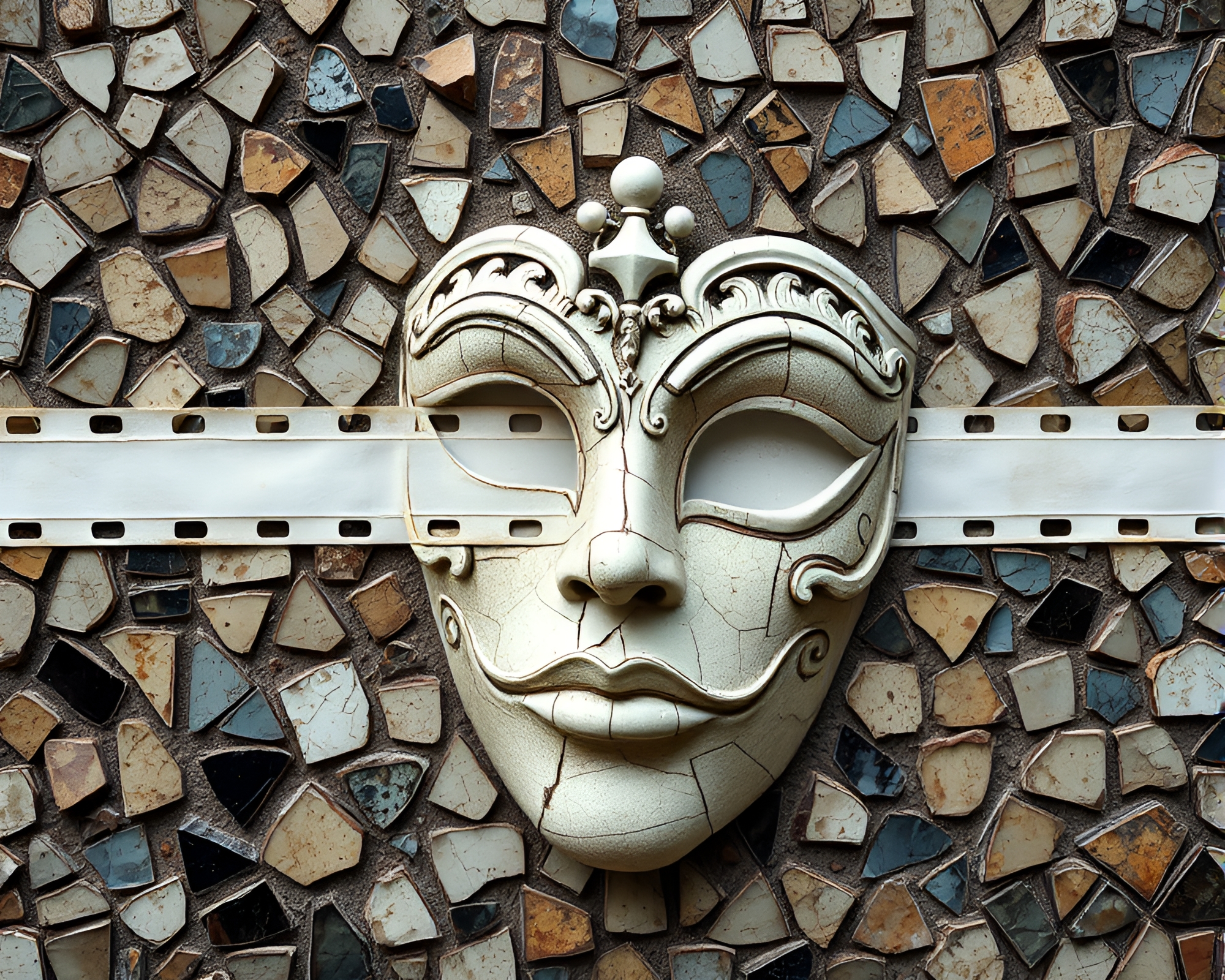 Intricate Venetian Mask Mosaic in Ivory Film Border – free AI stock image