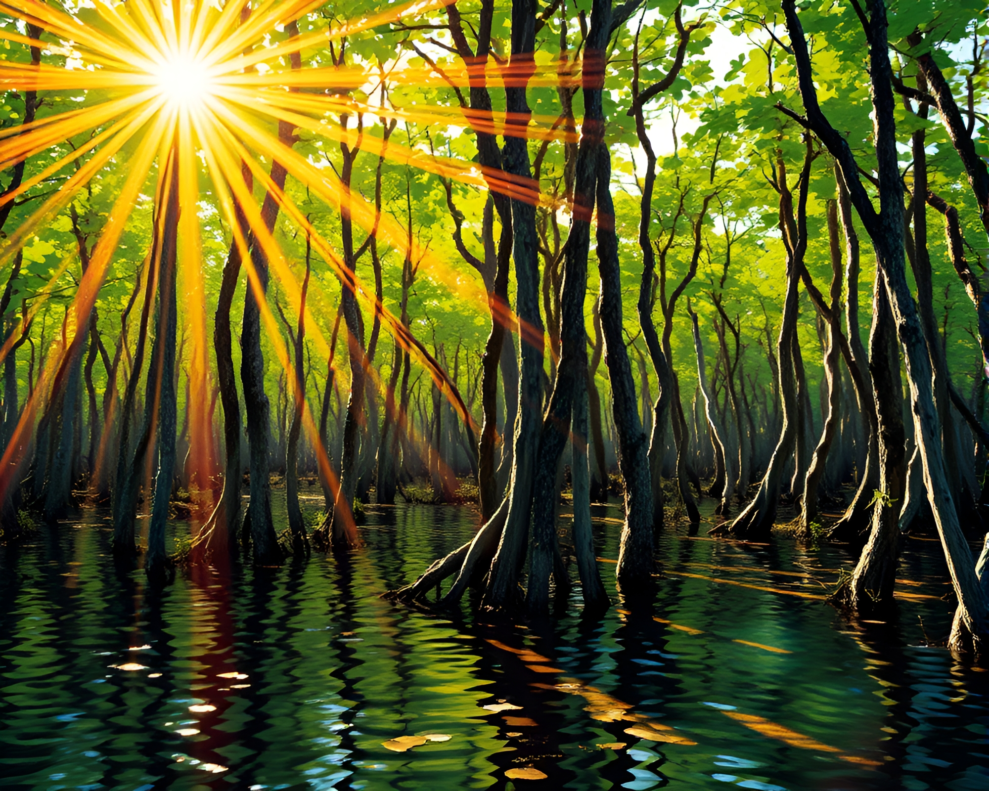 Sunset Stripes in Impressionist Mangrove Swamp – free AI stock image