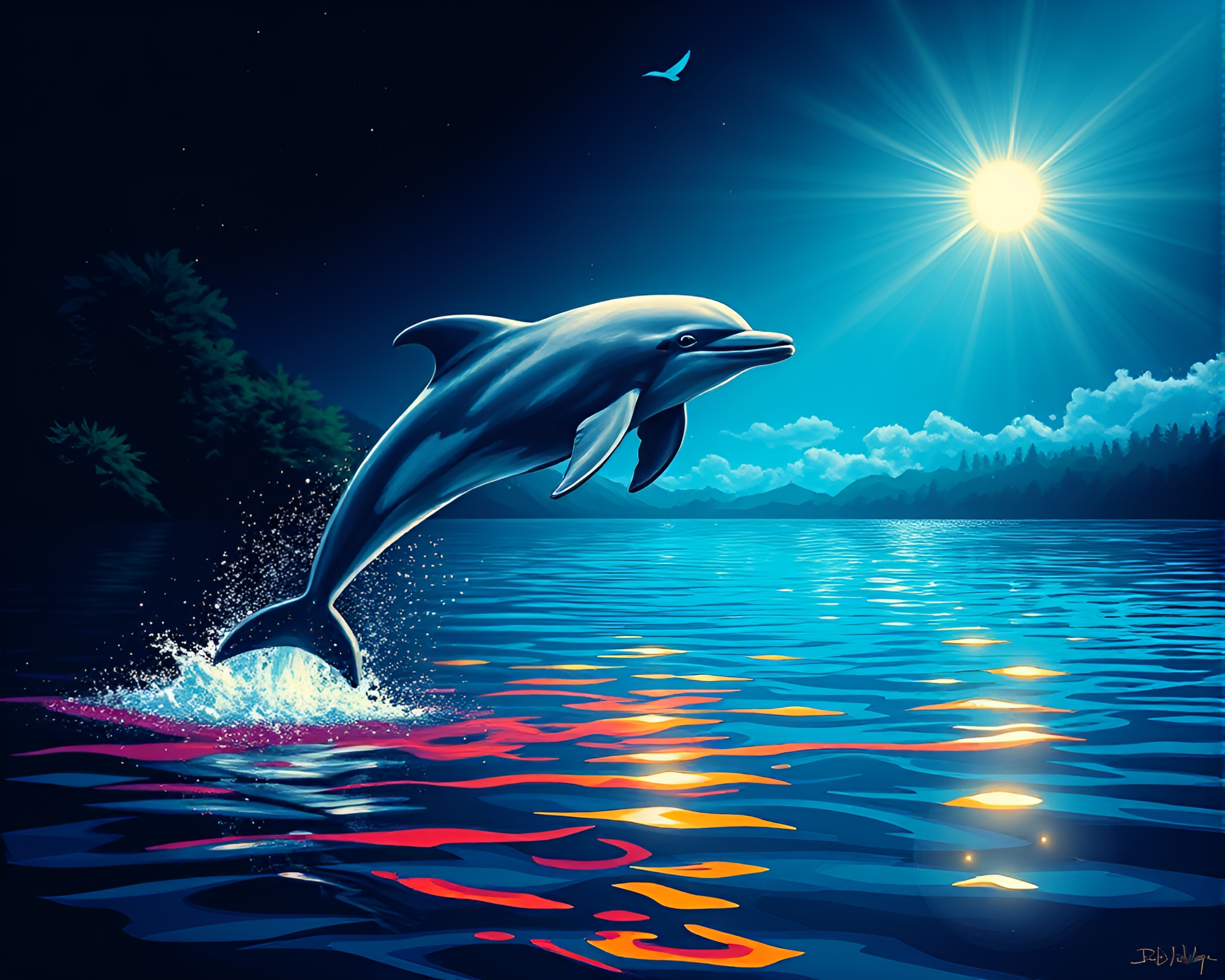 Acrylic Painting of Solar Flare Glow Amazon River Dolphin – free AI stock image