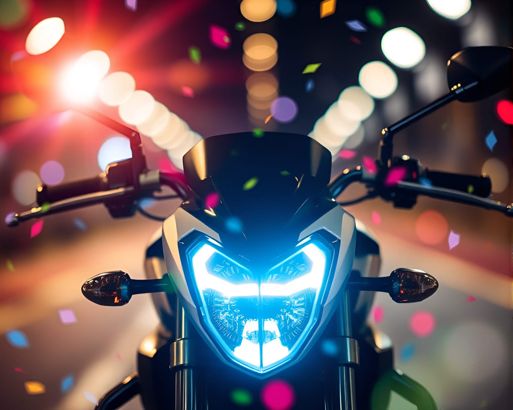 Vibrant Motorcycle Confetti Burst with Lens Flare – free AI stock image