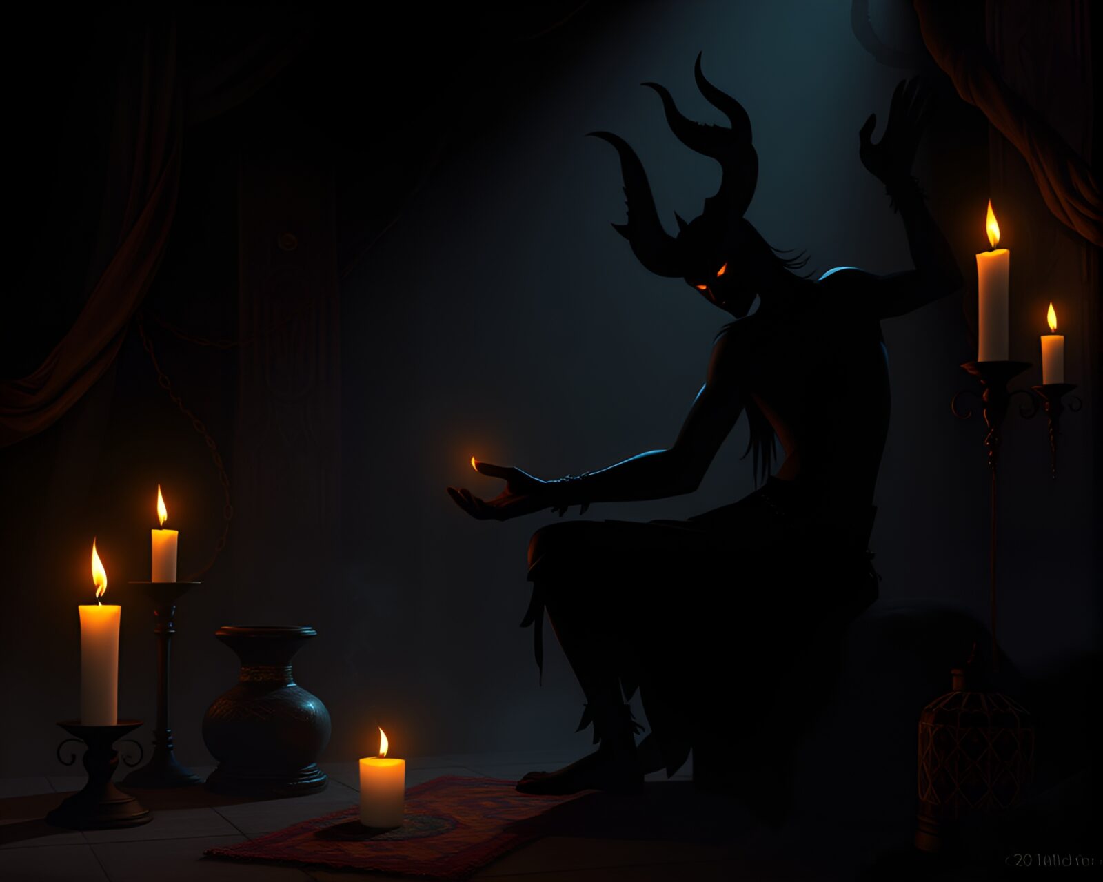 Vector art of mystical Djinn casting shadows with candles