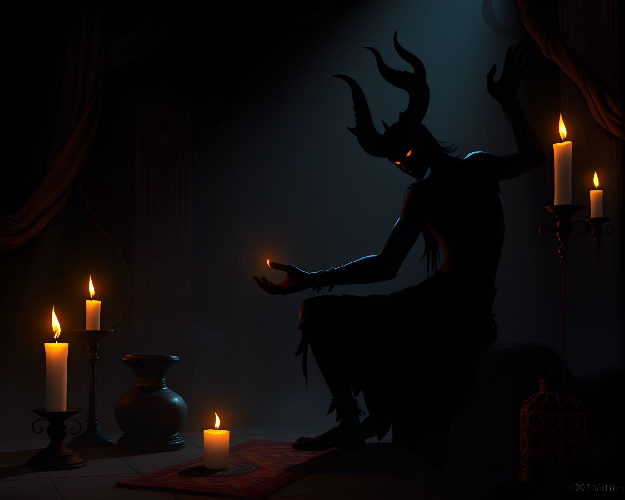 Djinn creating shadow illusions in candlelit room – free AI stock image