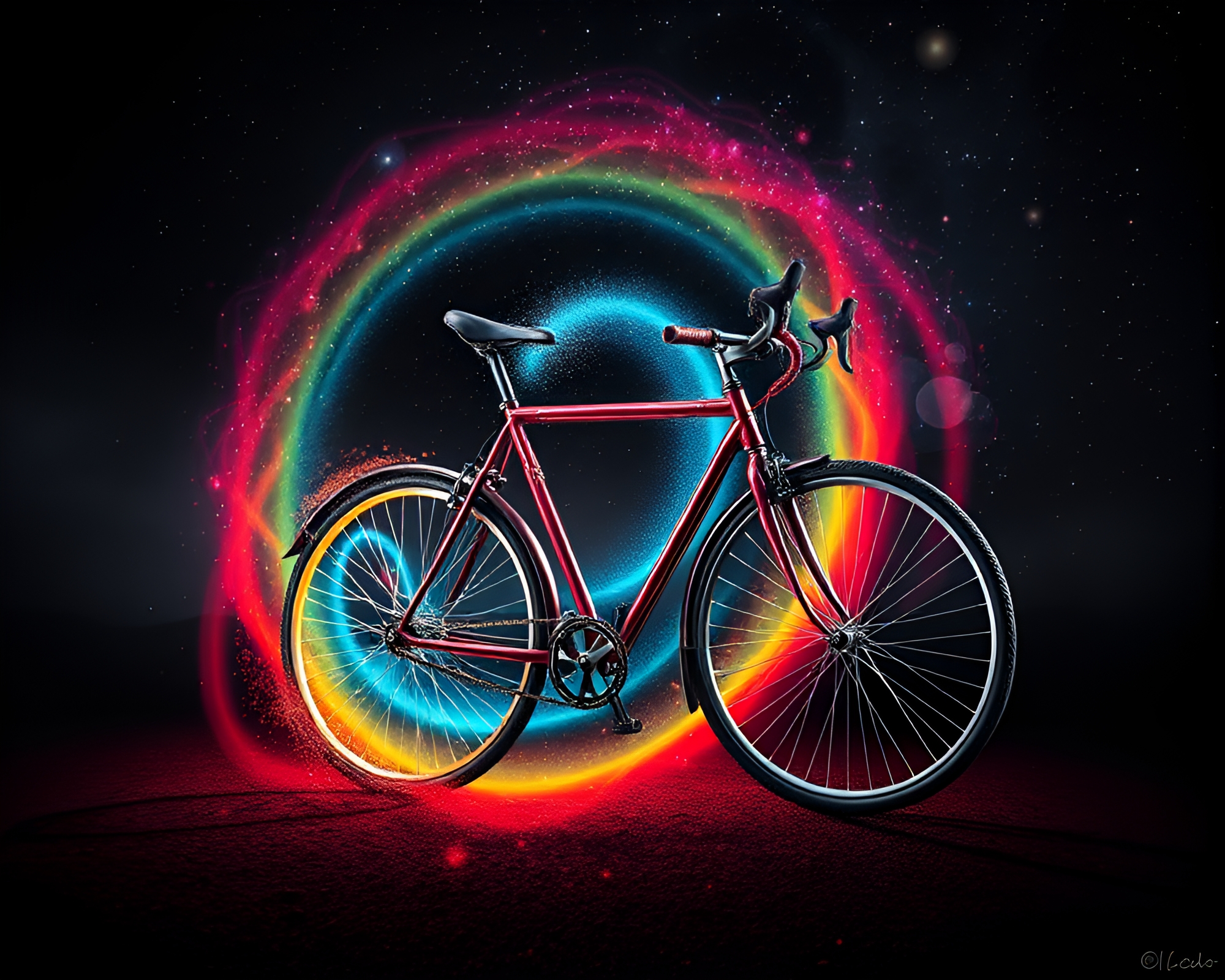 Cosmic Rainbow Bicycle Spiral in Selective Color – free AI stock image