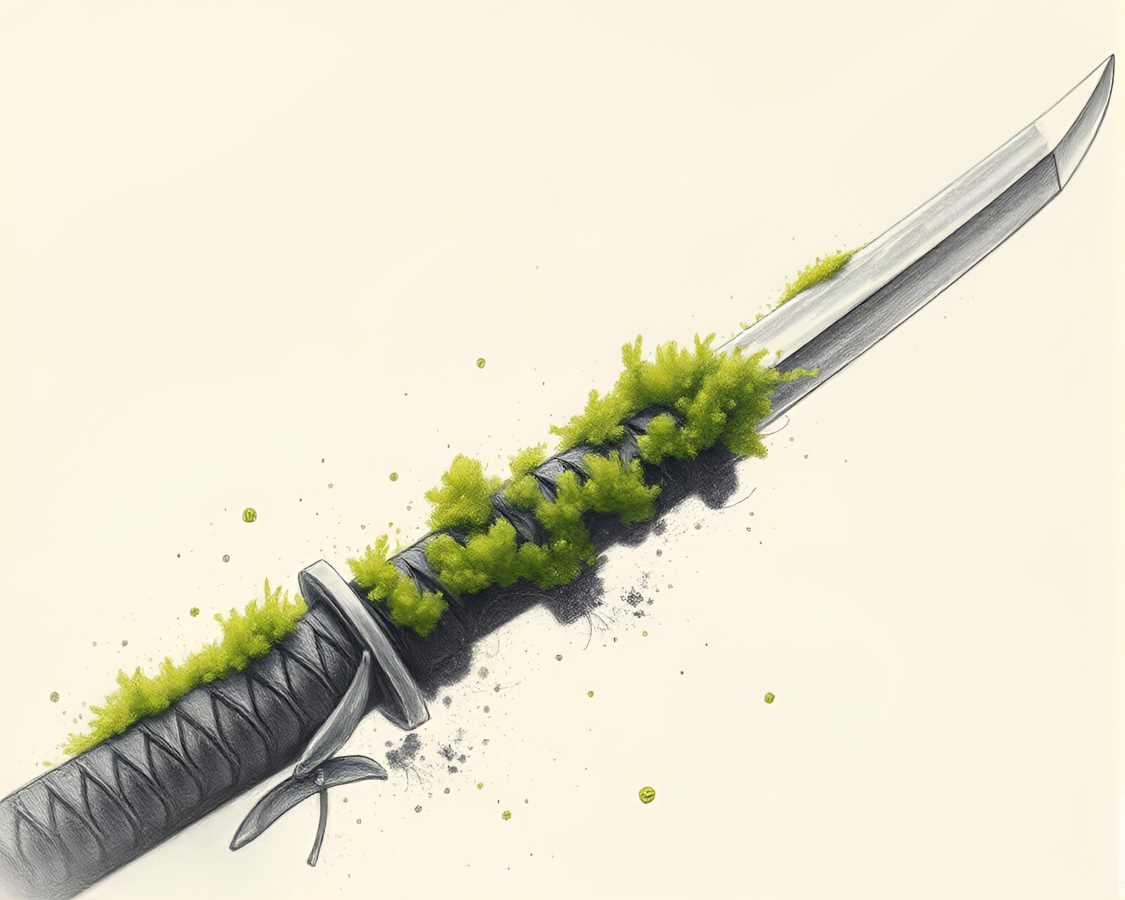 Mysterious pencil sketch of samurai sword surrounded by moss