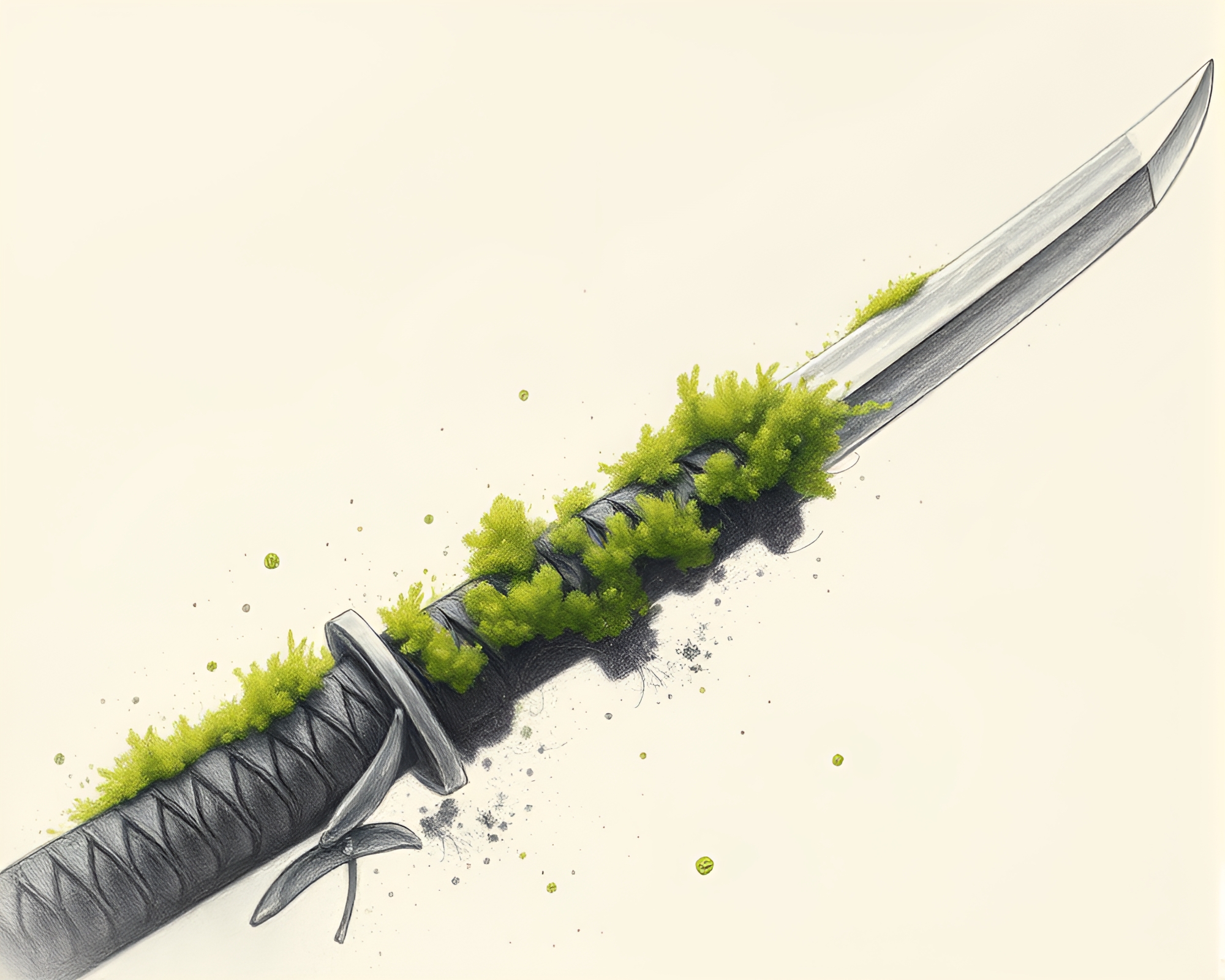 Samurai Sword Enveloped in Moss Growth – free AI stock image
