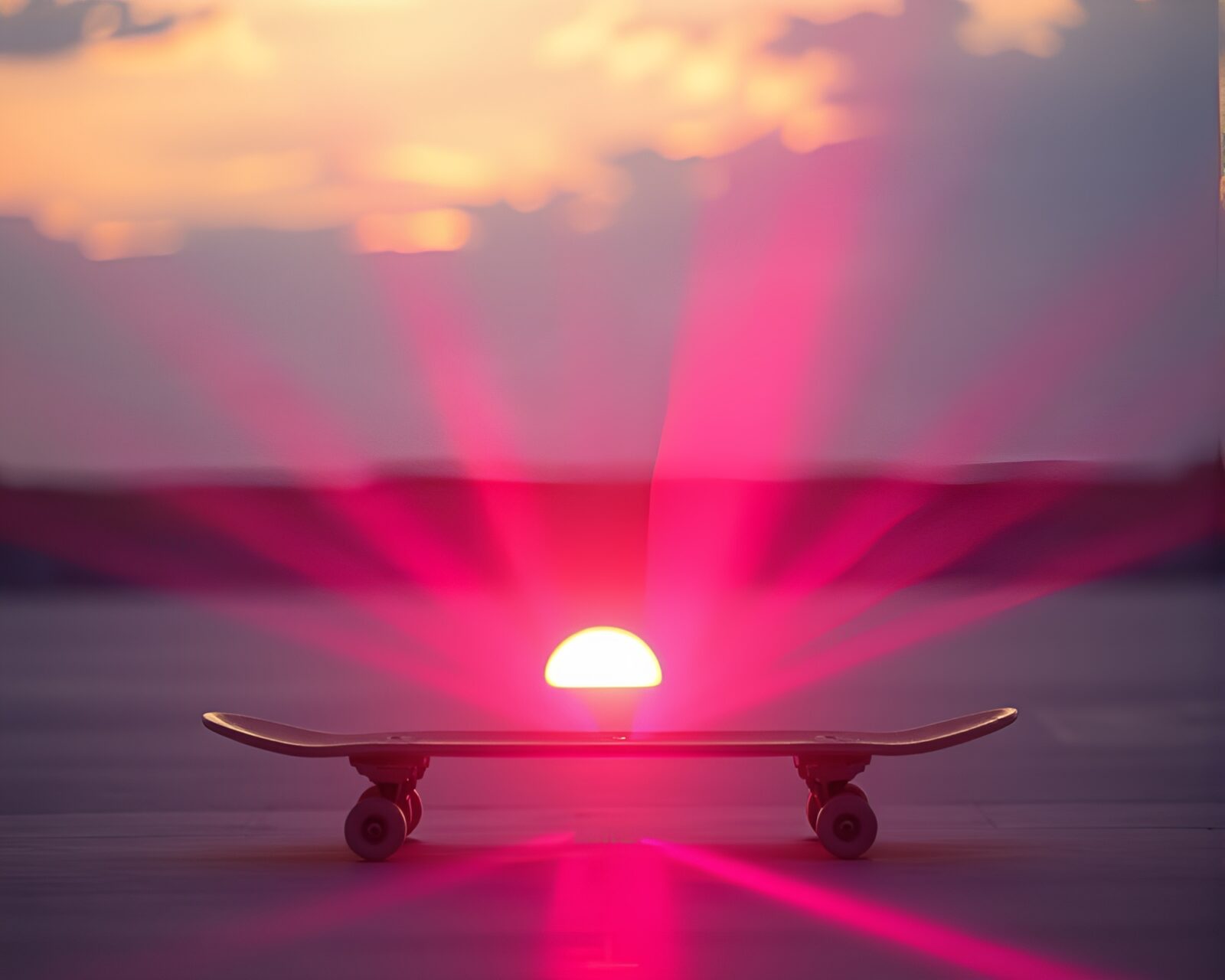 Dynamic skateboarder at sunrise with laser beams in futuristic scene