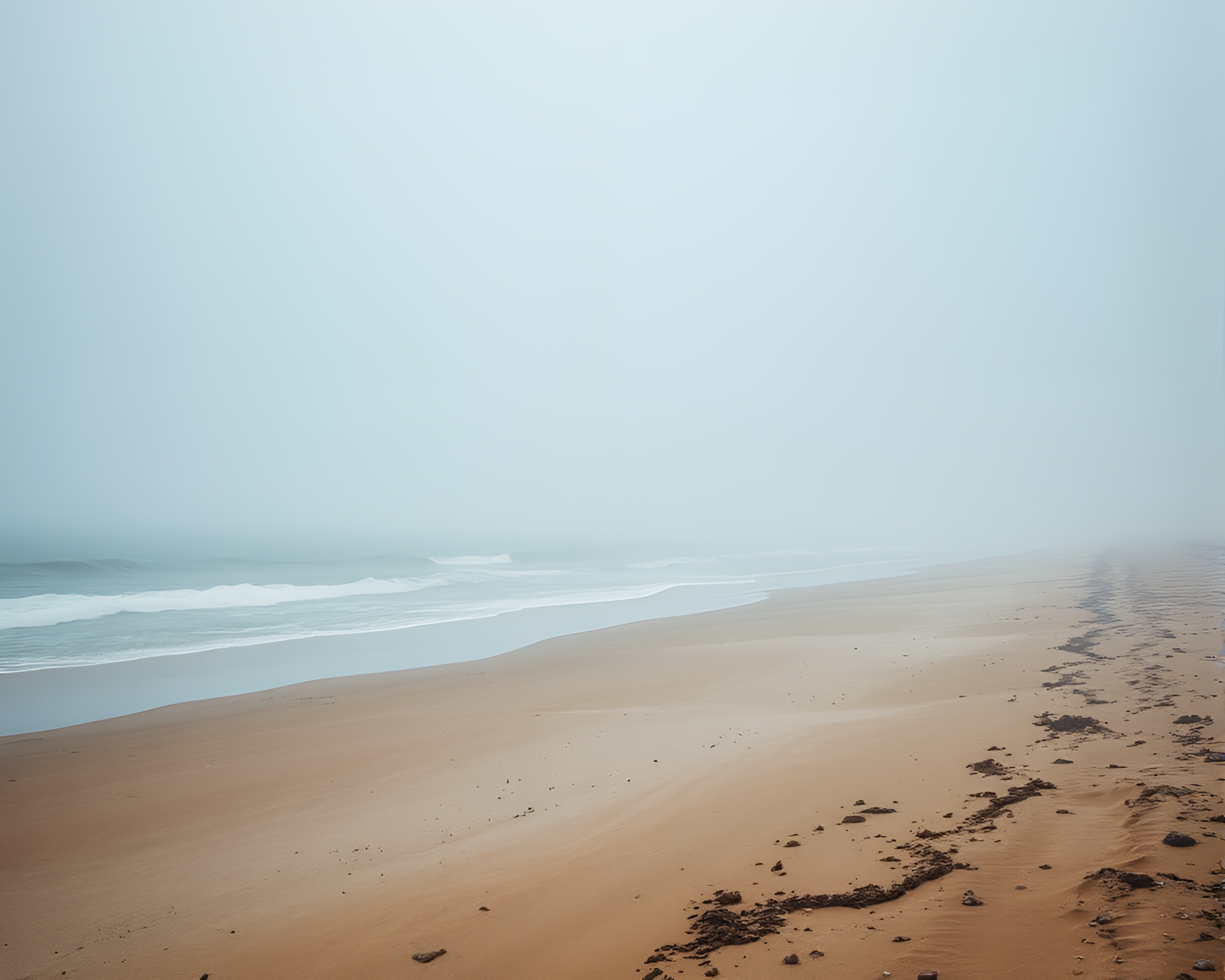 Misty Layers: Beach Shoreline Foggy Composition – free AI stock image