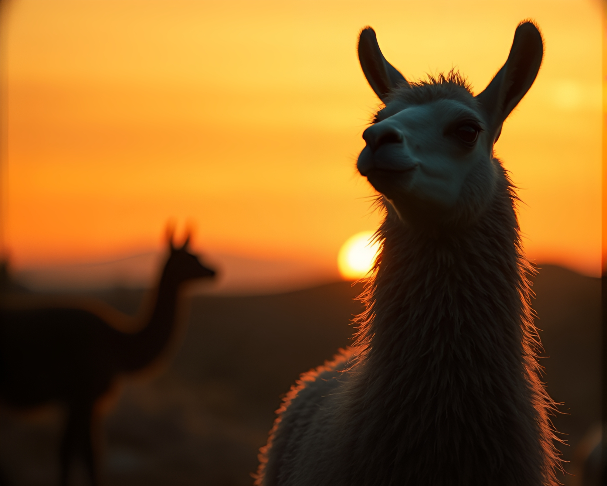 Llama Silhouettes in Sunset Particle Simulation – free AI stock image