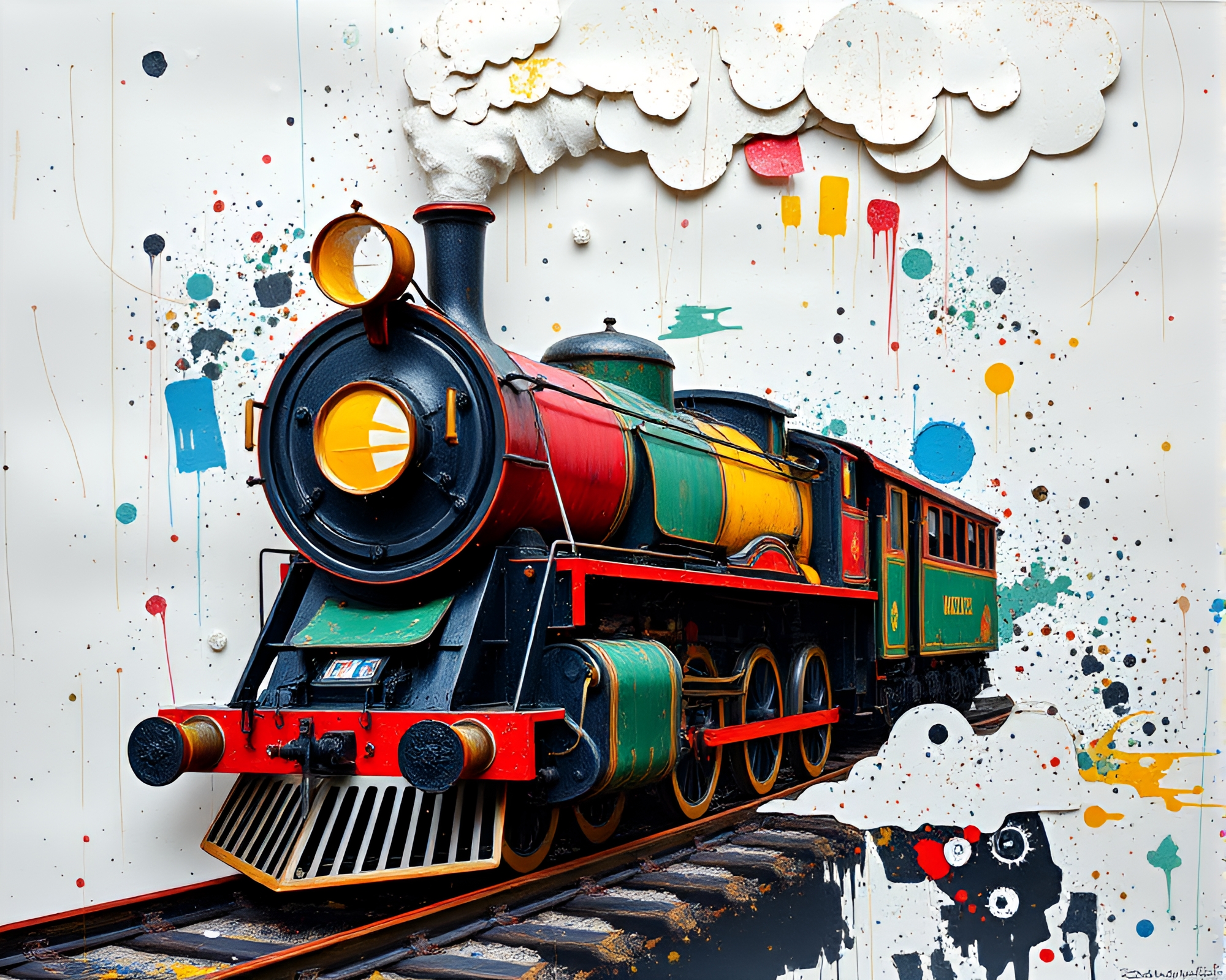 Surreal Paper Tears Unveil Steam Locomotive Divisionism – free AI stock image