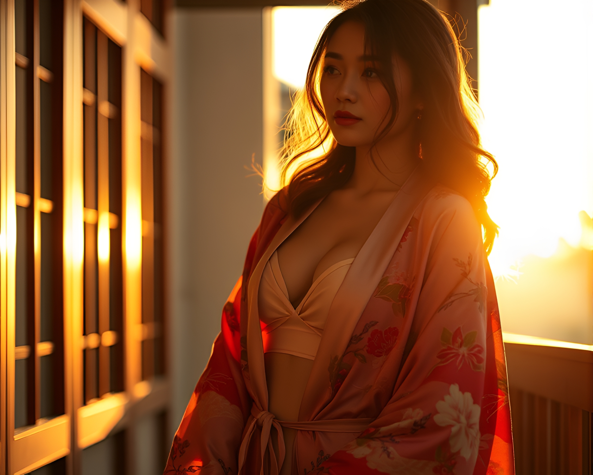 Silk Kimono Elegance in Golden Hour Lights – free AI stock image
